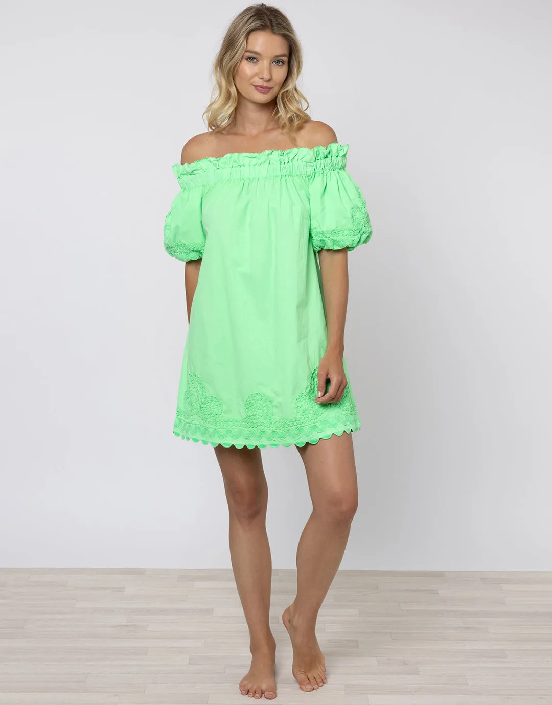 Poplin Off Shoulder Mini Dress with Ric-Rac - Apple