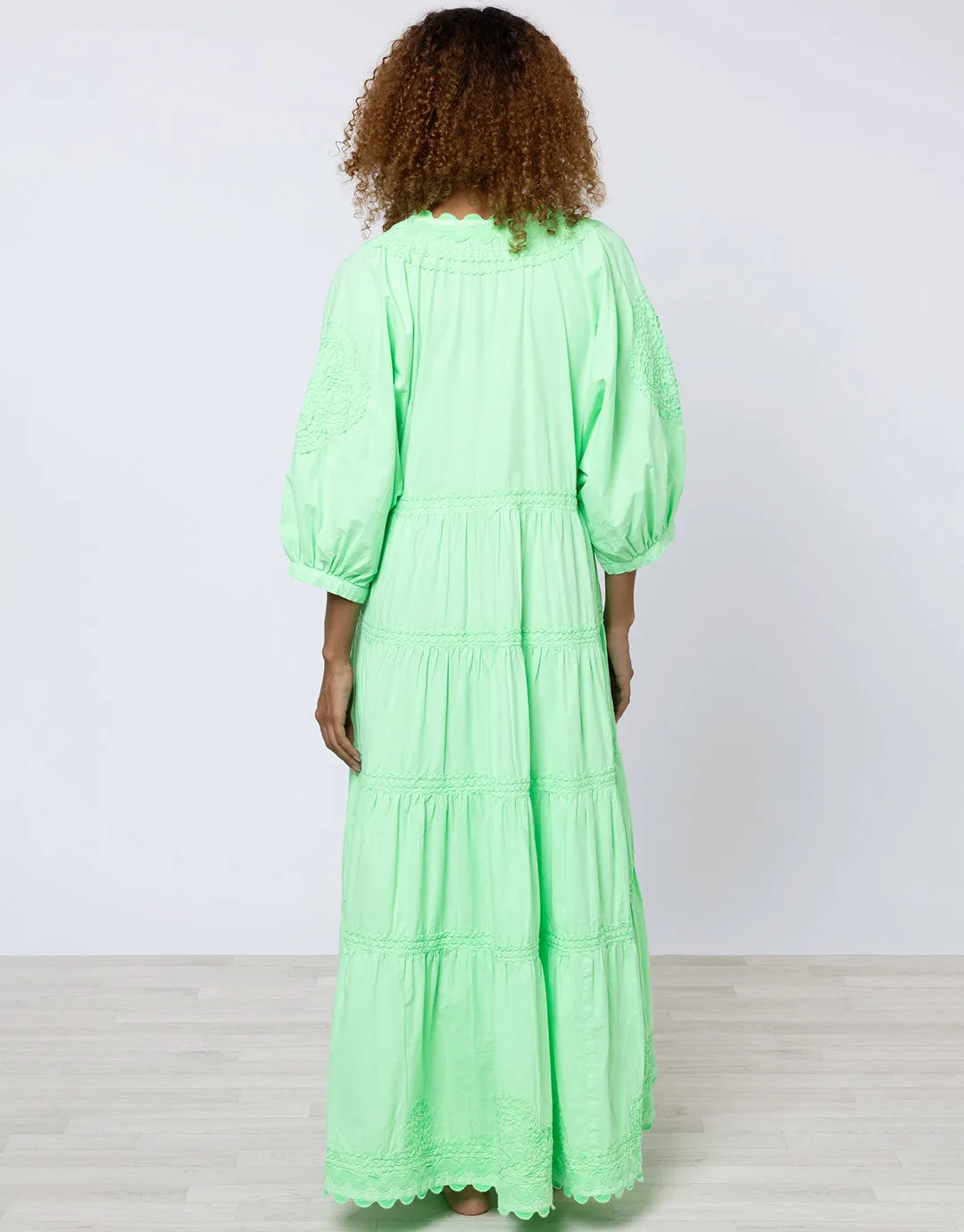 Poplin V-Neck Loose Maxi Dress with Ric-Rac - Apple