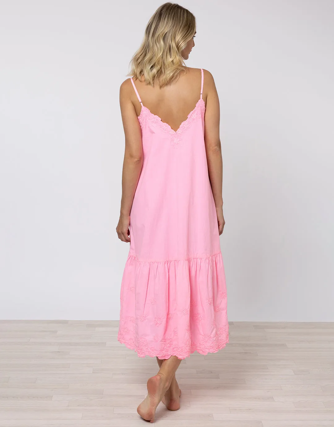 Poplin V-Neck Midi Dress with Cord Flower - Pink Grapefruit