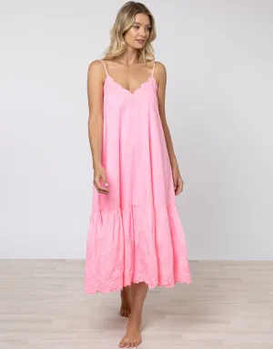 Poplin V-Neck Midi Dress with Cord Flower - Pink Grapefruit