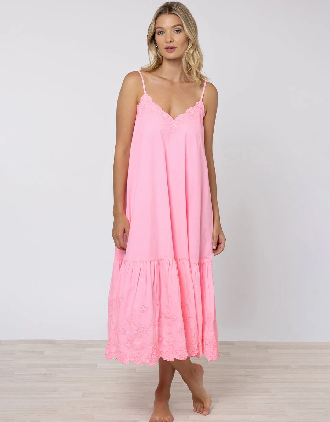Poplin V-Neck Midi Dress with Cord Flower - Pink Grapefruit