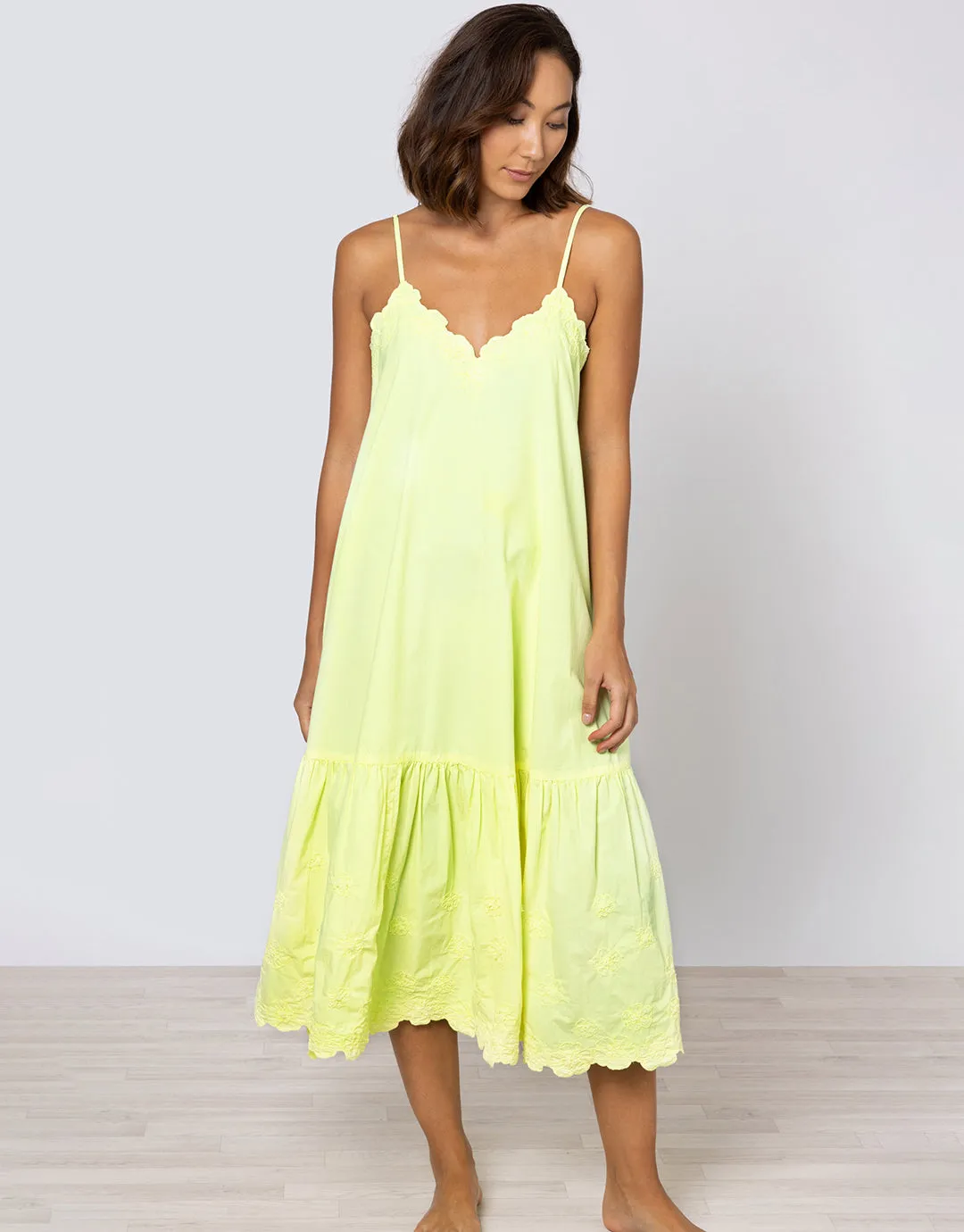 Poplin V-Neck Midi Dress with Cord Flower - Sherbet Lemon