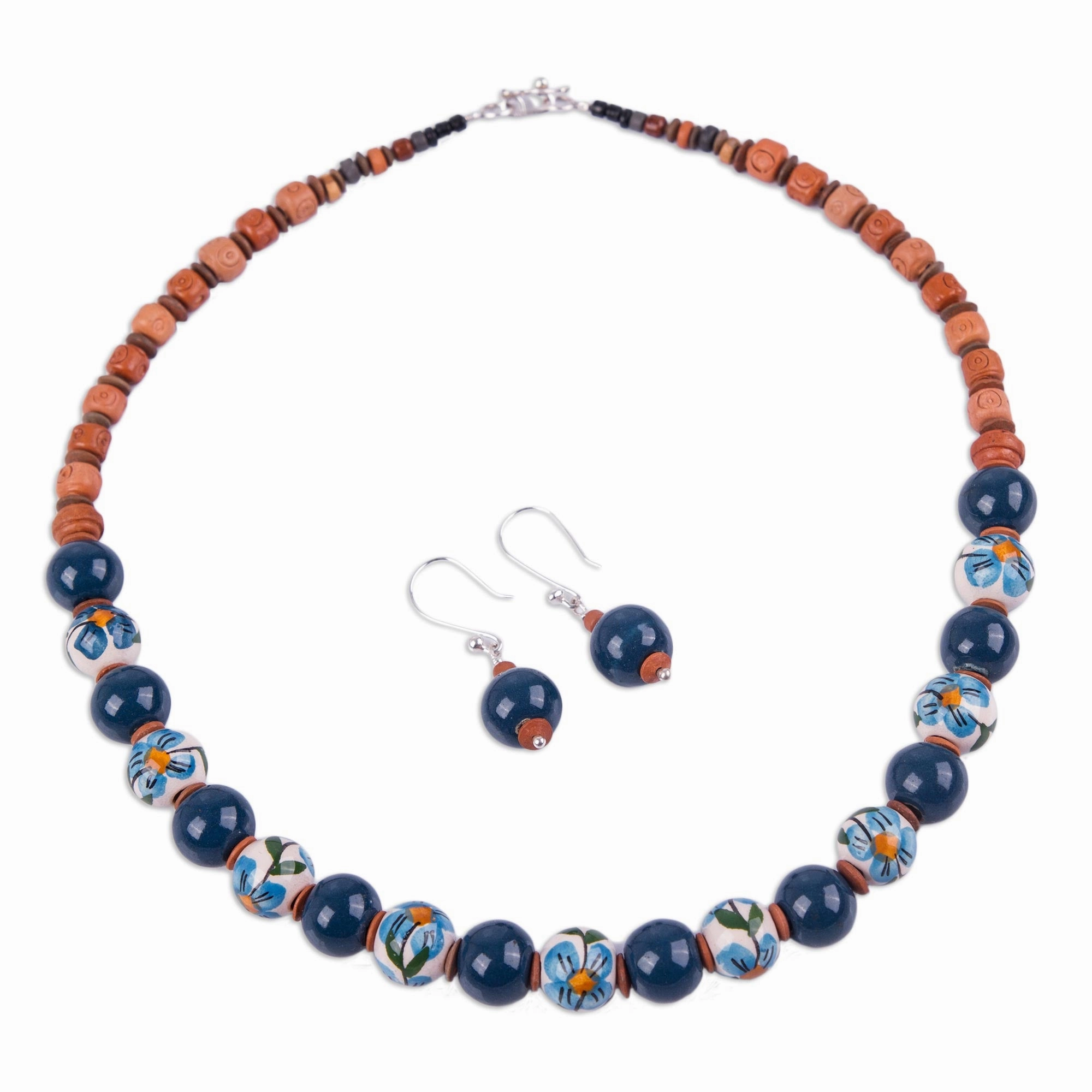Precious Blue Jewelry Set with Hand Painted Flowers on Ceramic Beads