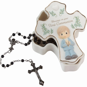 Precious Moments Blessings On Your First Communion Cross-shaped Boy Rosary Box with Black Beaded Rosary and Metal Cross Decorative Mirror,Home Decor Mirror