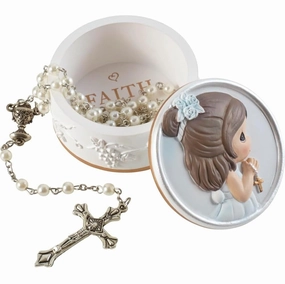 Precious Moments Rosary Box for Girls  Faith is The Light That Guides You  First Communion Gift with Pearl-Look Rosary Decorative Mirror,Home Decor Mirror