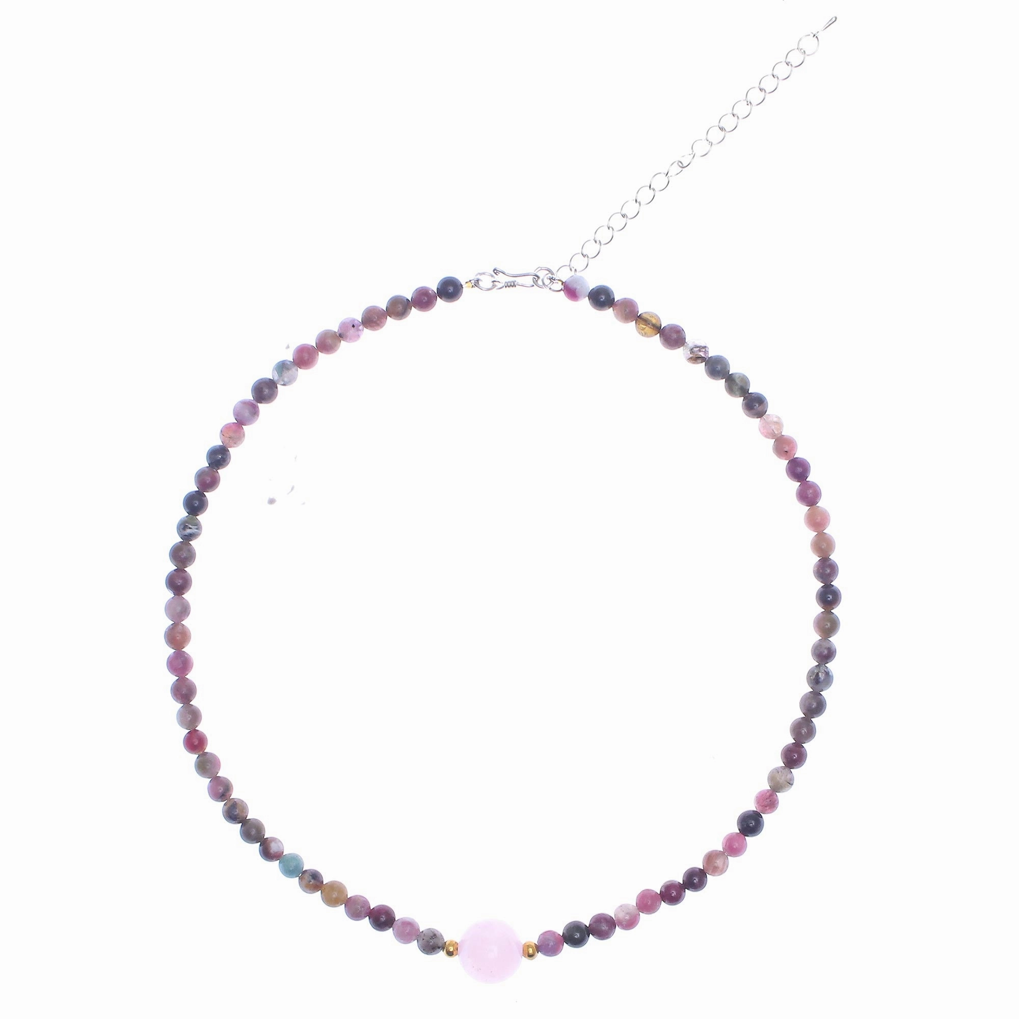 Precious Orb in Rose Hand Made Tourmaline and Rose Quartz Beaded Necklace
