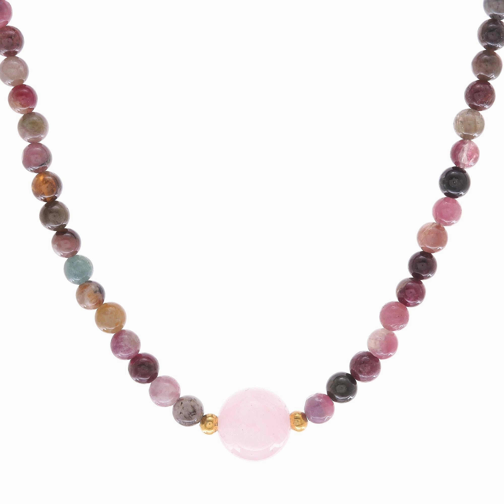 Precious Orb in Rose Hand Made Tourmaline and Rose Quartz Beaded Necklace