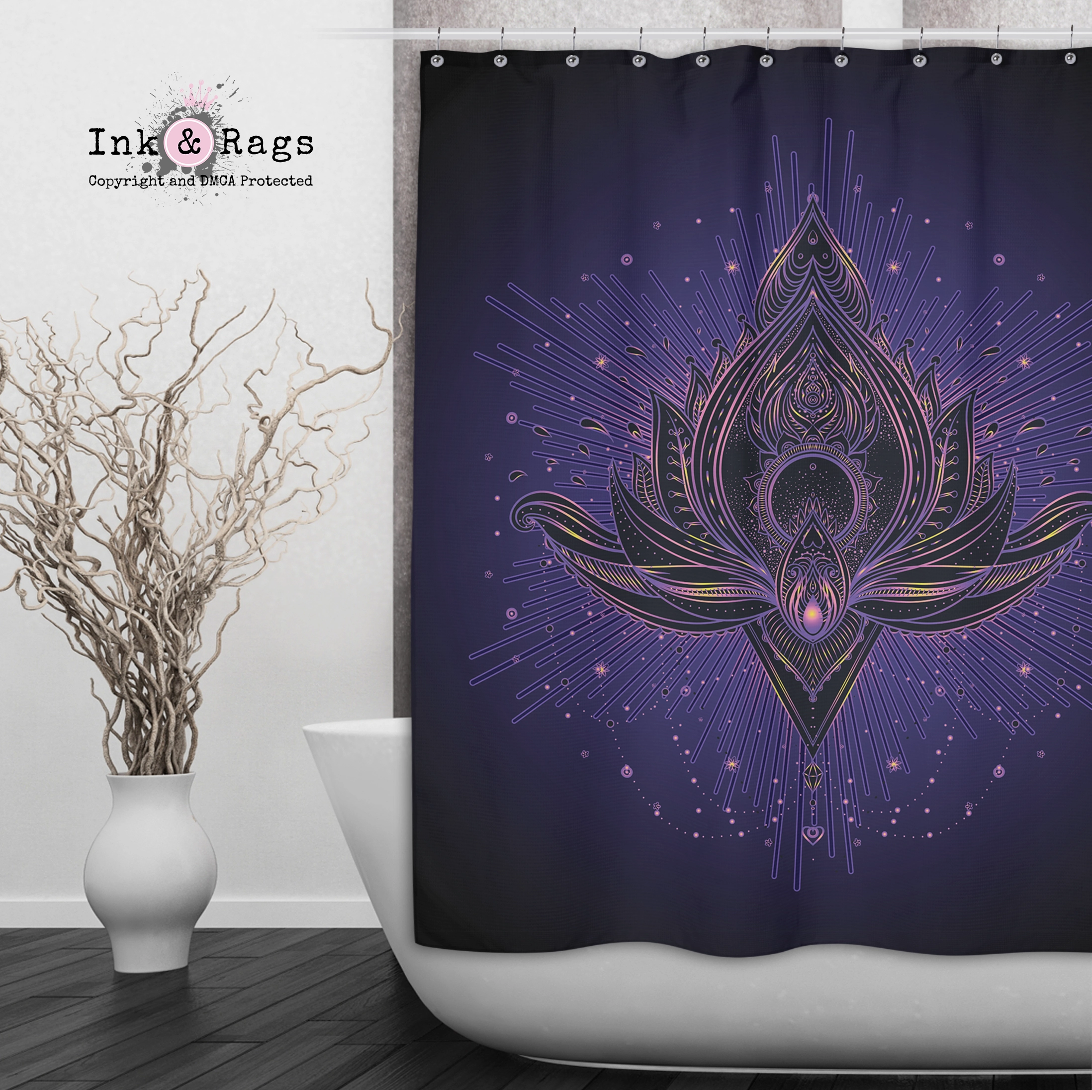 Purple Blue Tattoo Style Lotus Shower Curtains and Optional Bath Mats Lighting,Lamps Fixtures