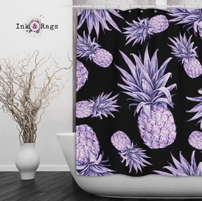 Purple Pineapple on Black Shower Curtains and Optional Bath Mats Lighting,Lamps Fixtures