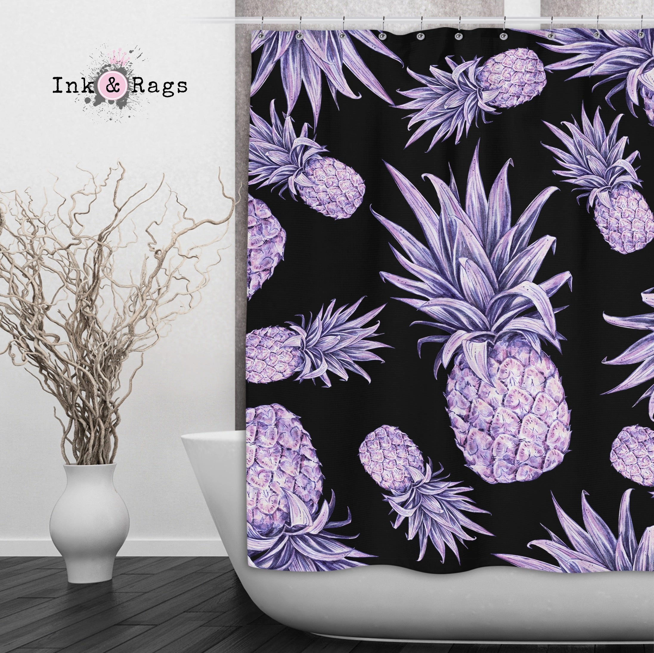 Purple Pineapple on Black Shower Curtains and Optional Bath Mats Lighting,Lamps Fixtures