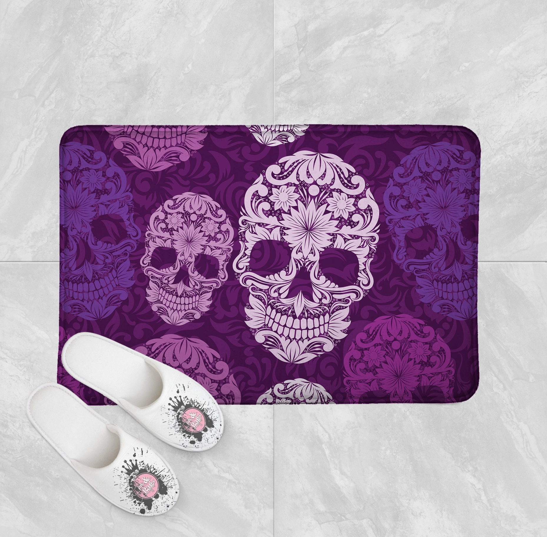 Purple Scroll Skull Shower Curtains and Optional Bath Mats