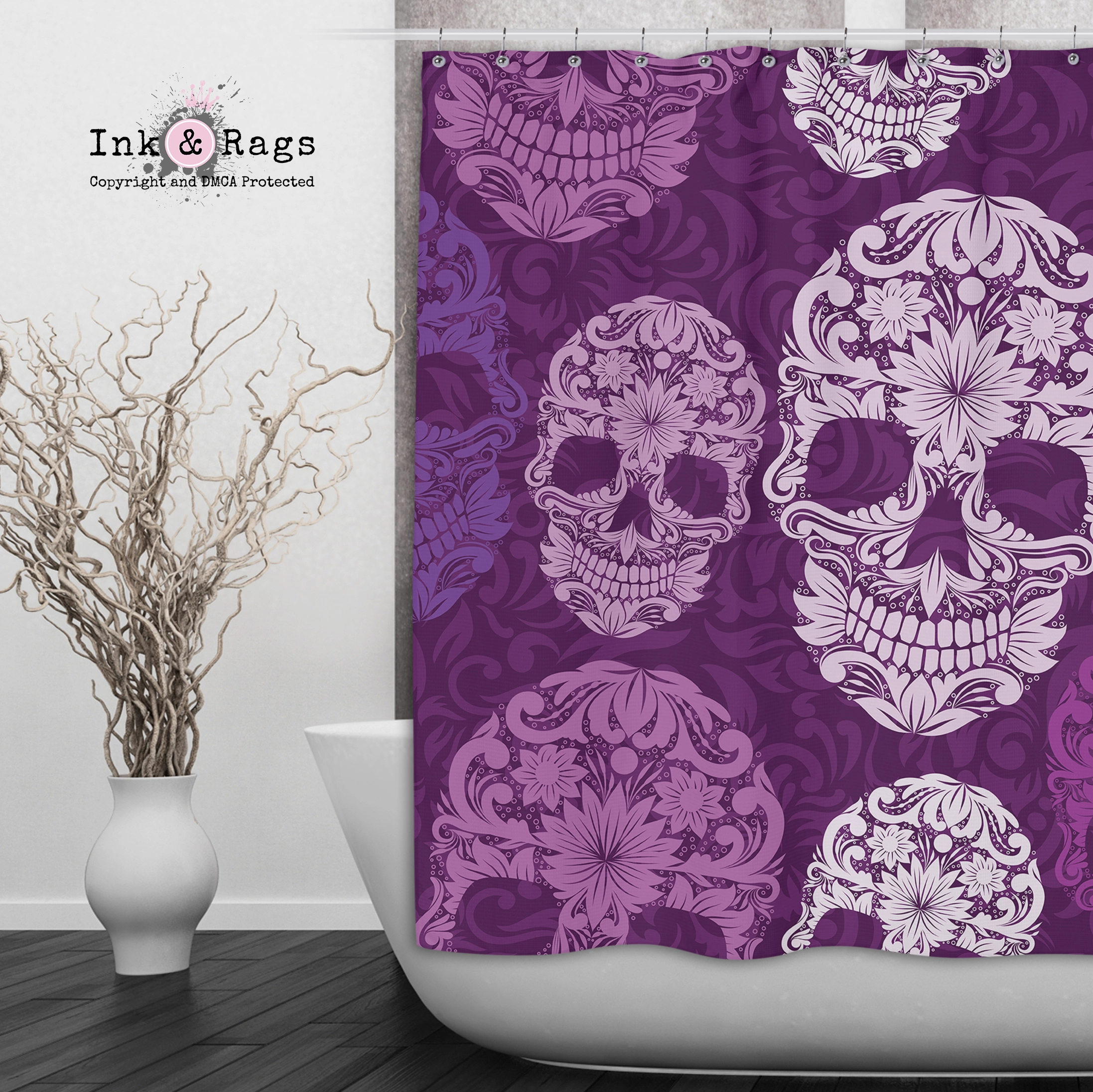 Purple Scroll Skull Shower Curtains and Optional Bath Mats Lighting,Lamps Fixtures