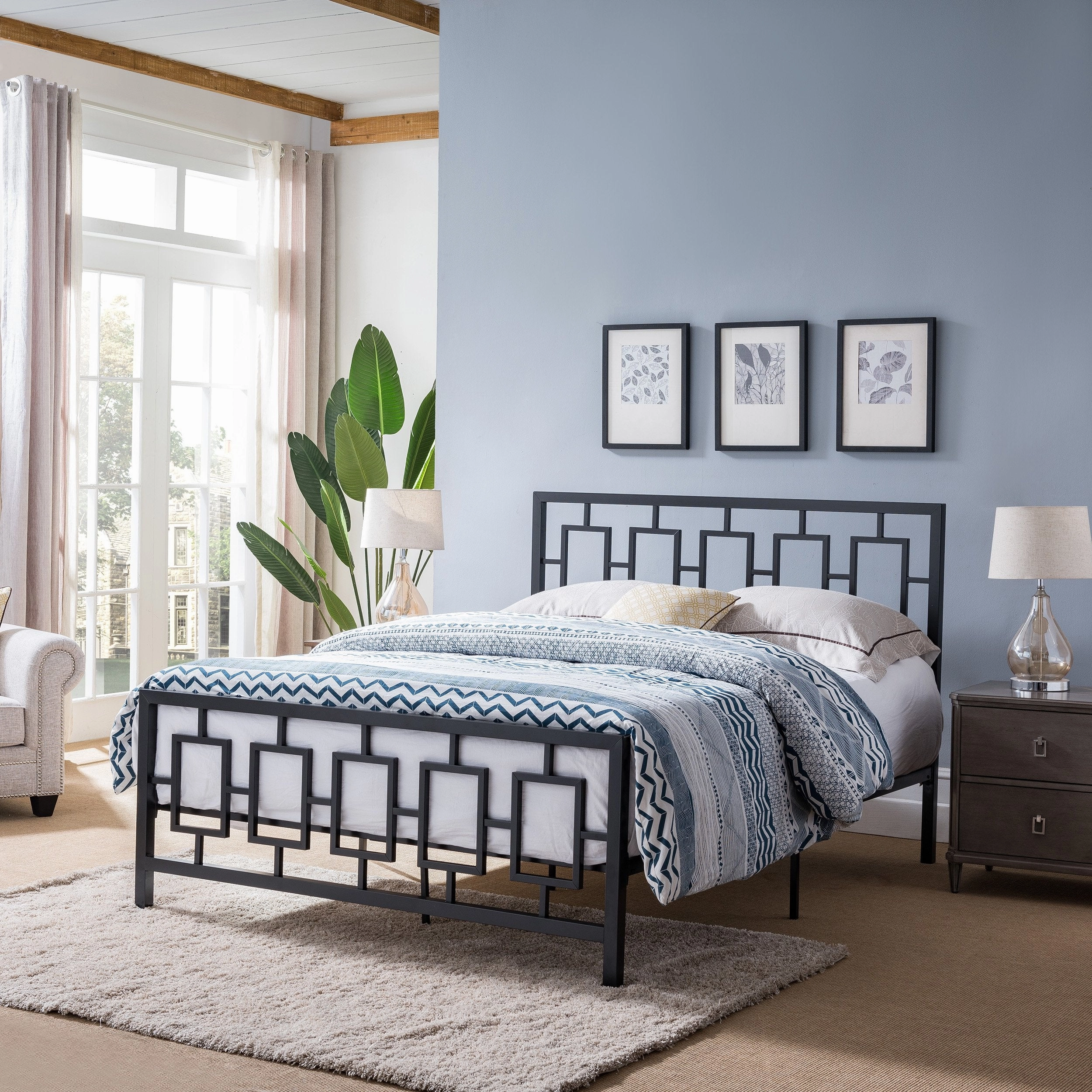 Queen-Size Geometric Platform Bed Frame, Iron, Modern, Low-Profile - NH285703 throw blanket, decorative pillow