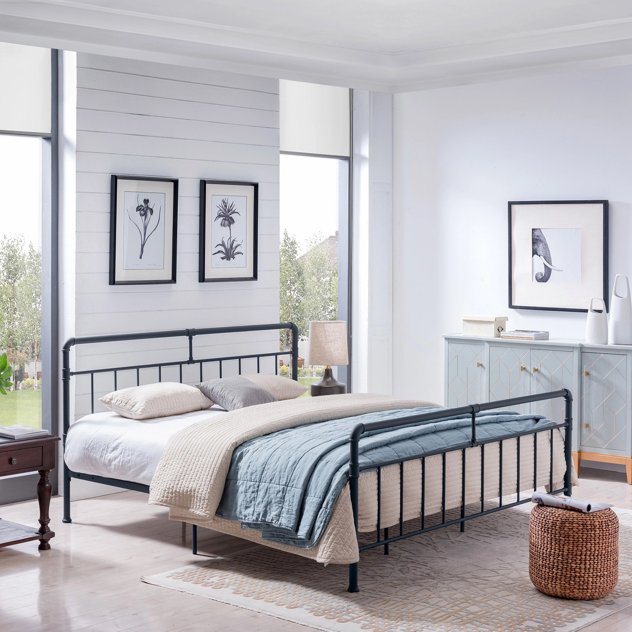Queen-Size Iron Bed Frame, Minimal, Industrial - NH454703 throw blanket, decorative pillow