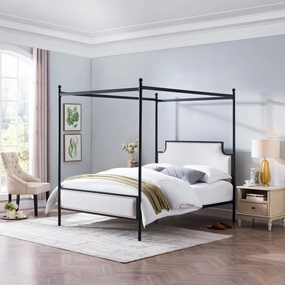 Queen Size Iron Canopy Bed Frame with Upholstered Studded Headboard - NH118803 throw blanket, decorative pillow