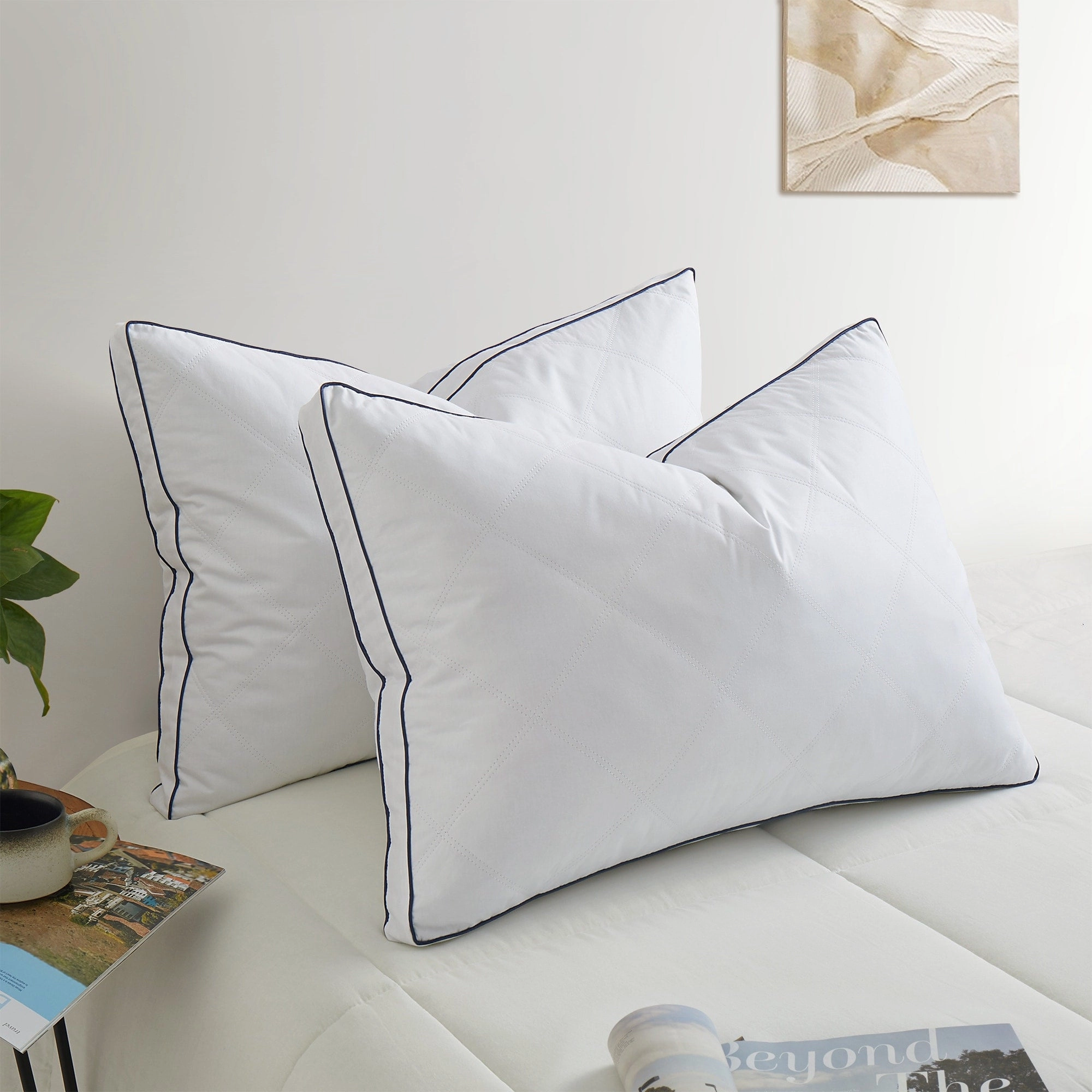 Quilted Cotton Goose Feather Down Pillow, Medium Support Pack of 2 - White