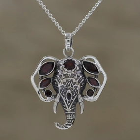 Radiant Ganesha Garnet and Silver Ganesha Pendant Necklace from India