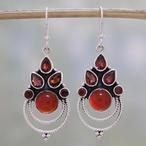Radiant Harmony Garnet and Carnelian Dangle Earrings by Indian Artisans