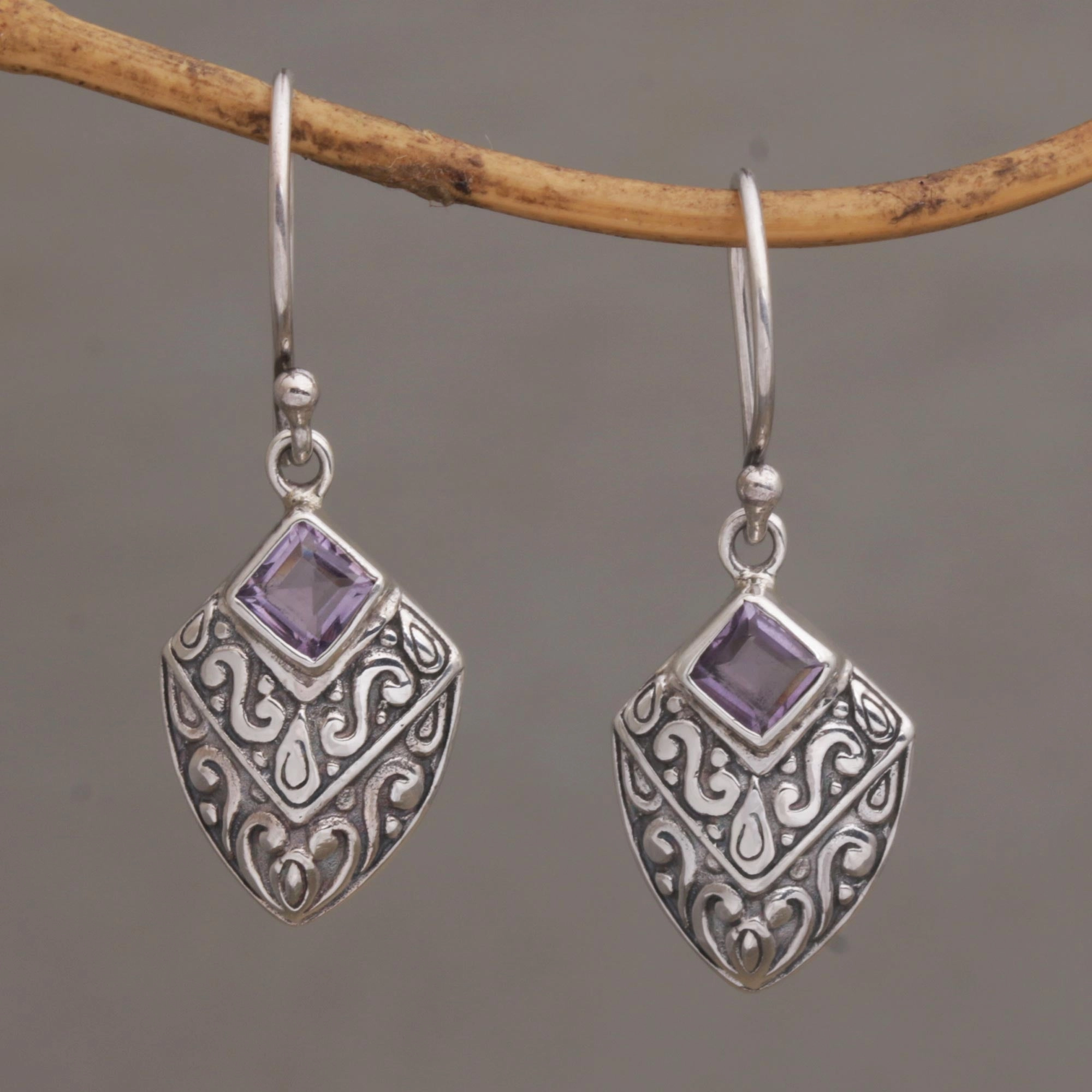 Rain Forest Beacon Handcrafted Balinese Amethyst and Sterling Silver Earrings