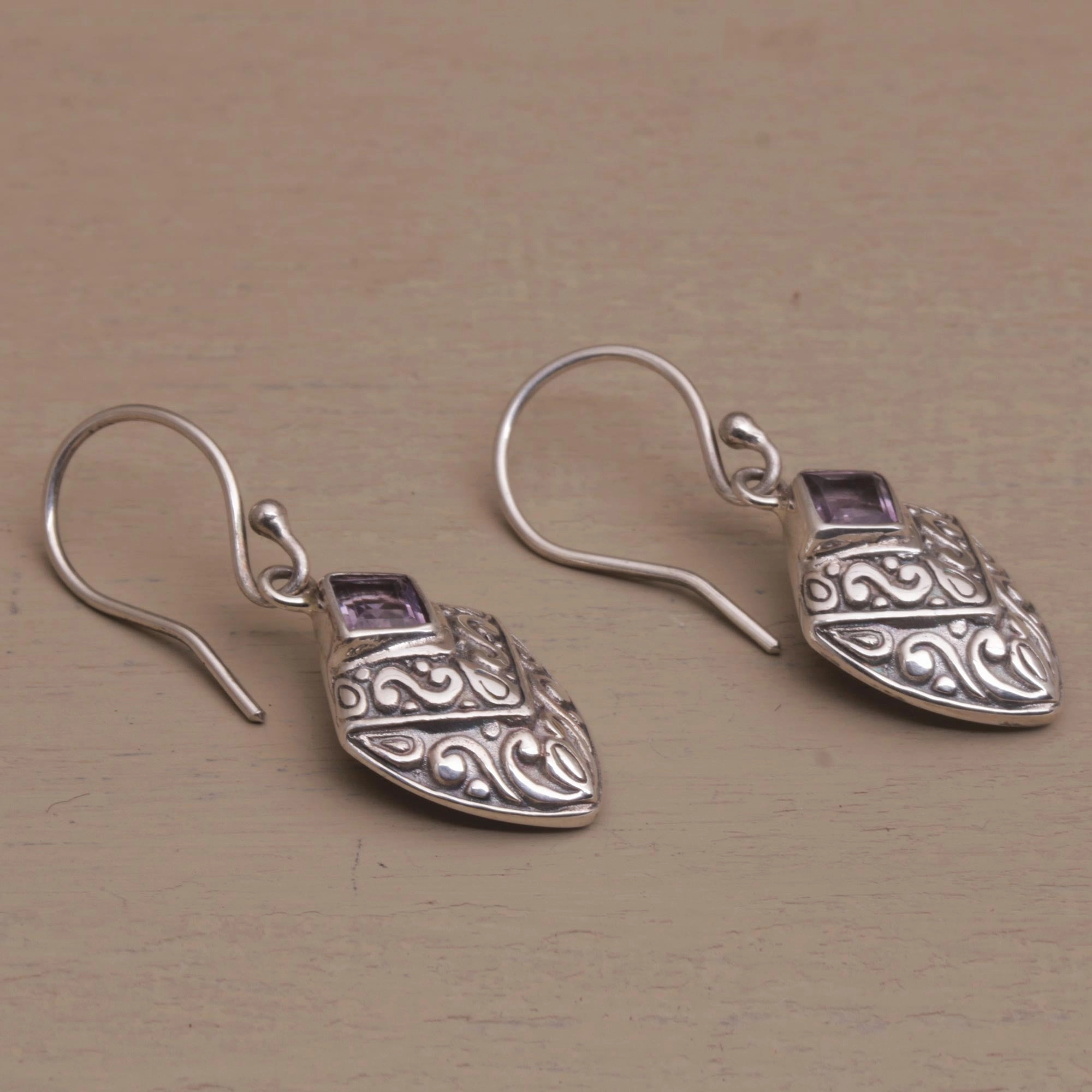Rain Forest Beacon Handcrafted Balinese Amethyst and Sterling Silver Earrings