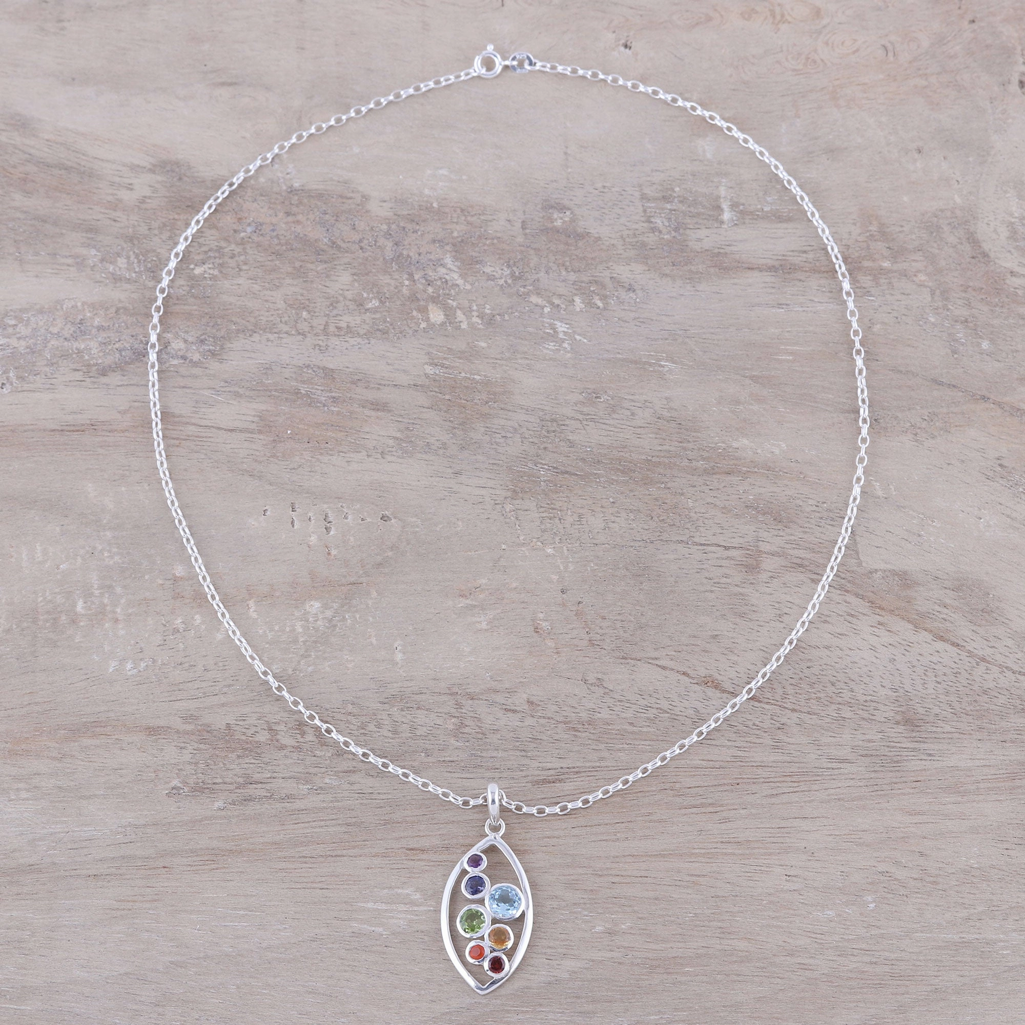 Rainbow Within Multi-Gemstone and Sterling Silver Ellipse Pendant Necklace