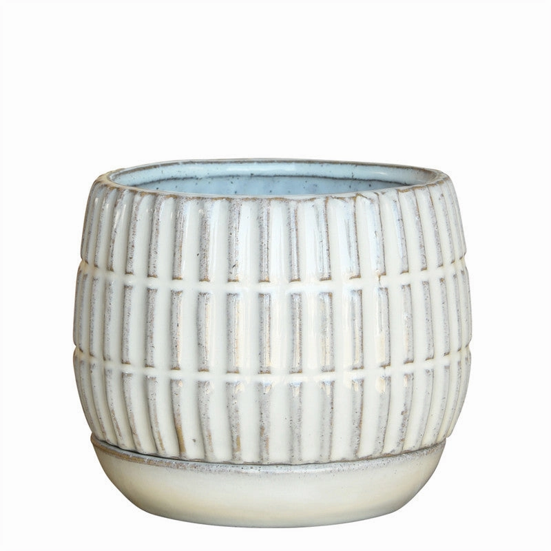 Ramos Linear Cachepot with Saucer, Stoneware - 4" Vase,Ceramic Vase