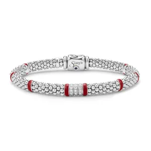 Red Enamel Three Station Diamond Caviar Bracelet | 6mm