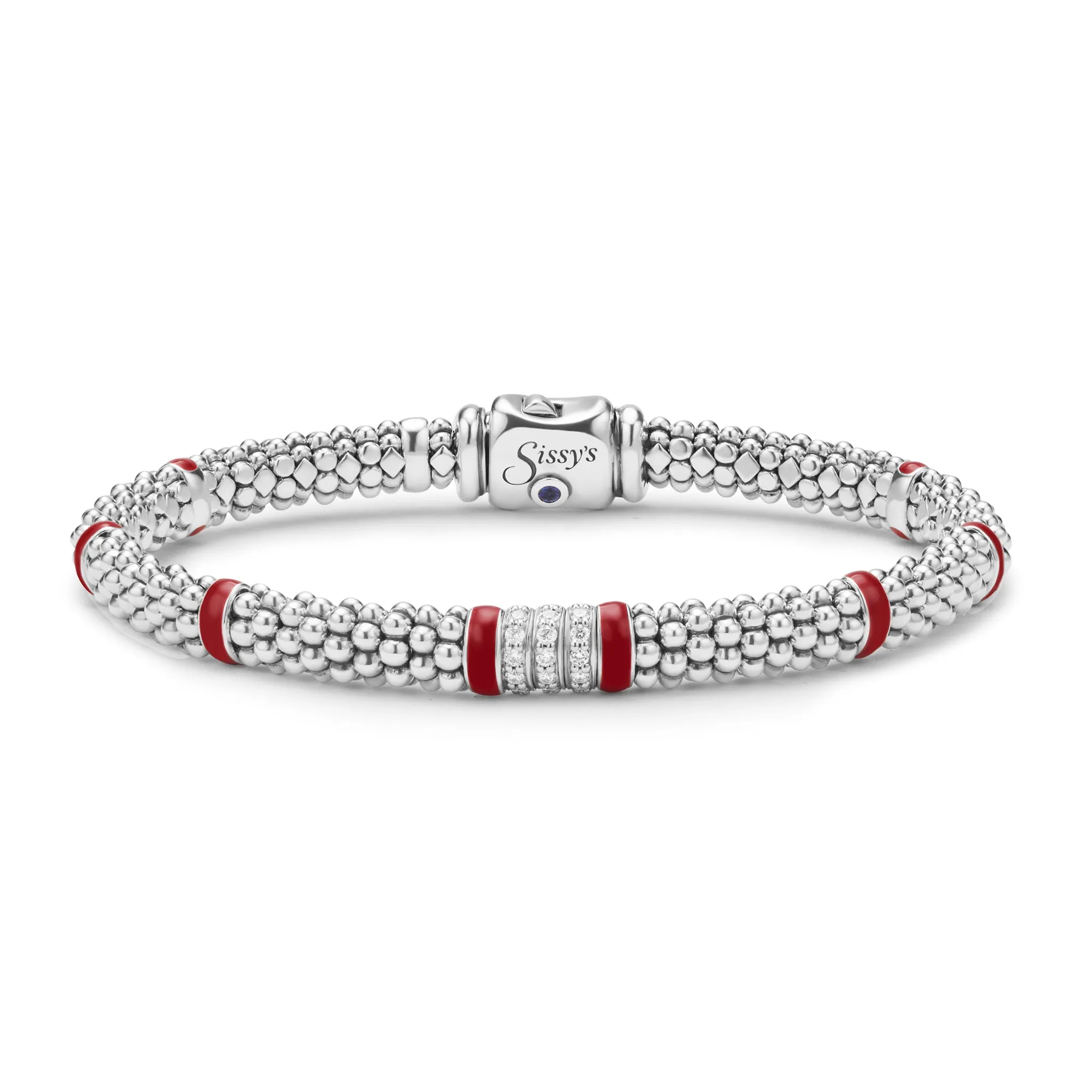 Red Enamel Three Station Diamond Caviar Bracelet | 6mm