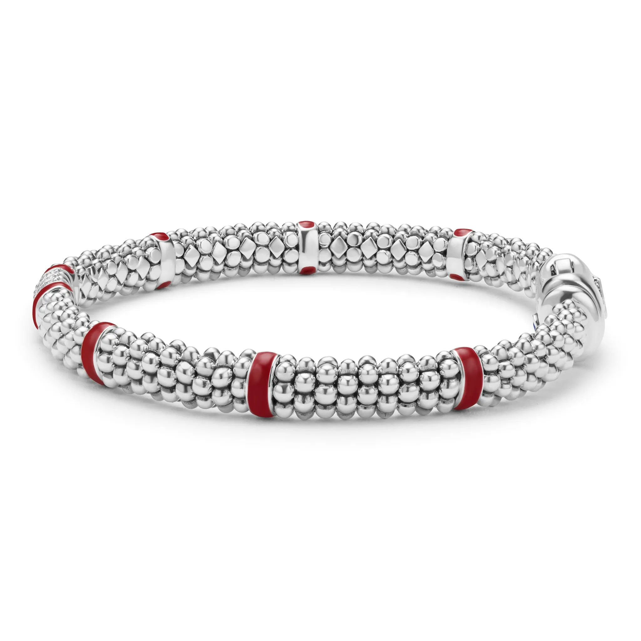Red Enamel Three Station Diamond Caviar Bracelet | 6mm