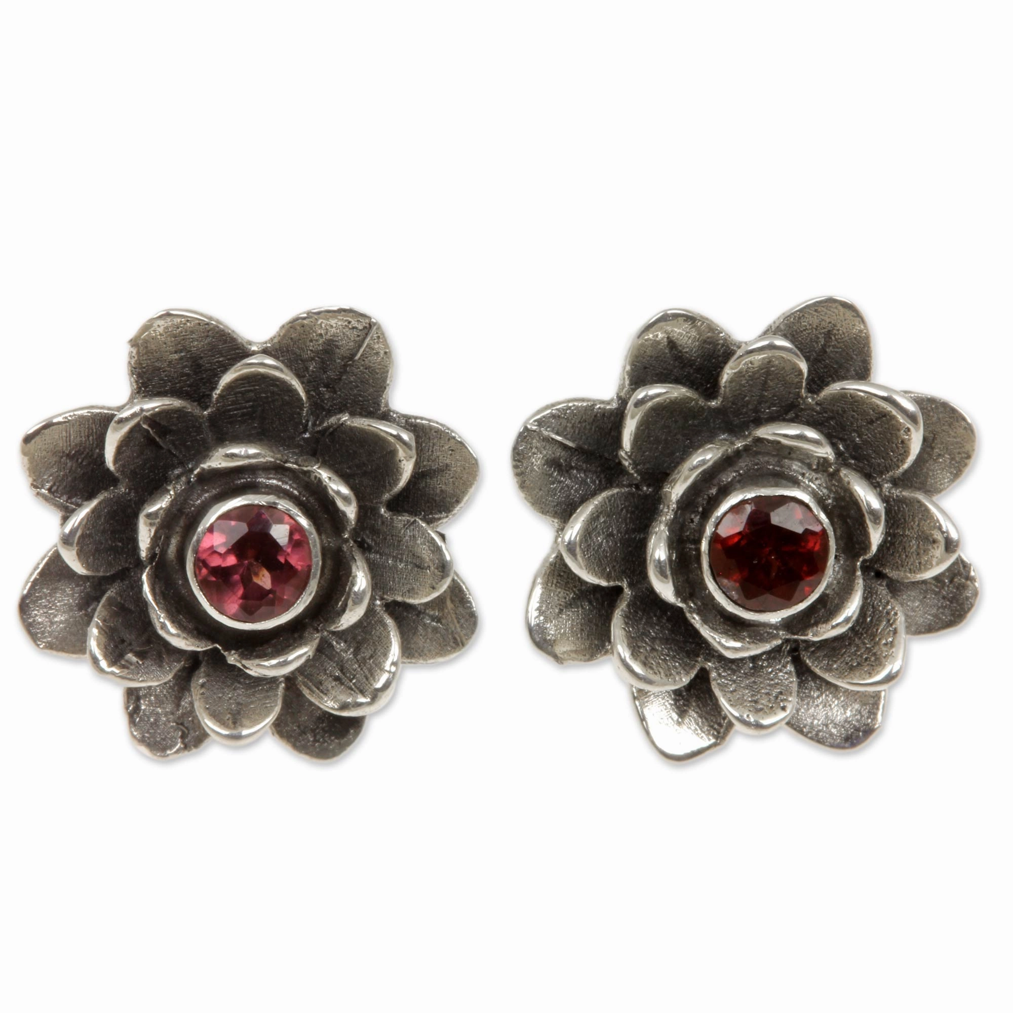 Red-Eyed Lotus Garnet Button Earrings