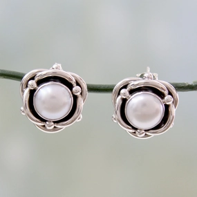 Regal Aura Cultured White Pearl and Sterling Silver Button Earrings