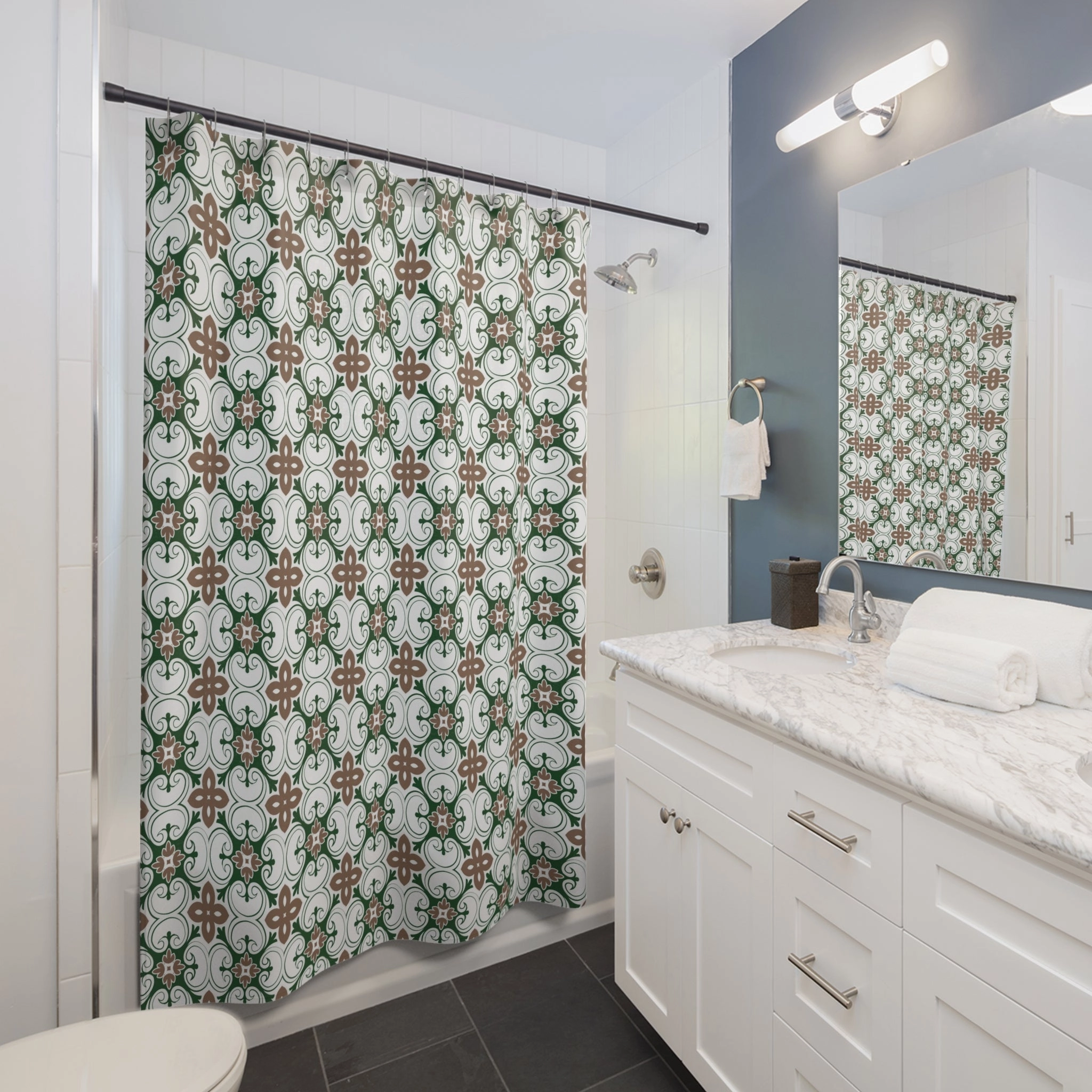 Retro Abstract Art Shower Curtain | Earthy Beige, Forest Green White
