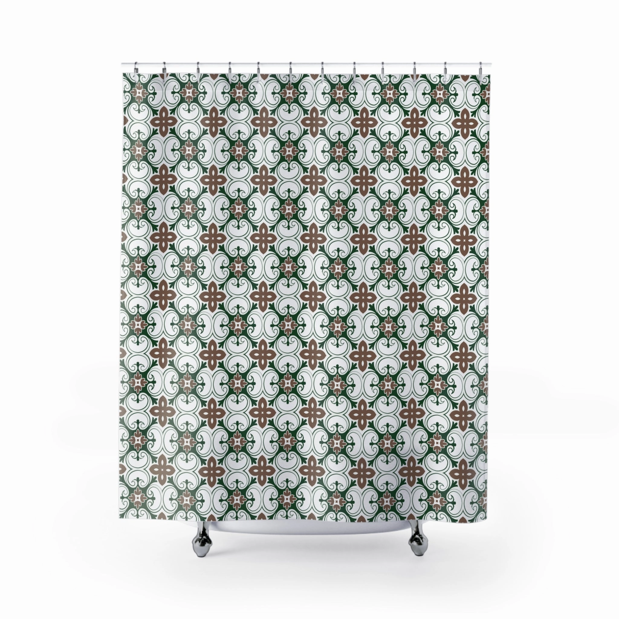 Retro Abstract Art Shower Curtain | Earthy Beige, Forest Green White Lighting,Home Lighting