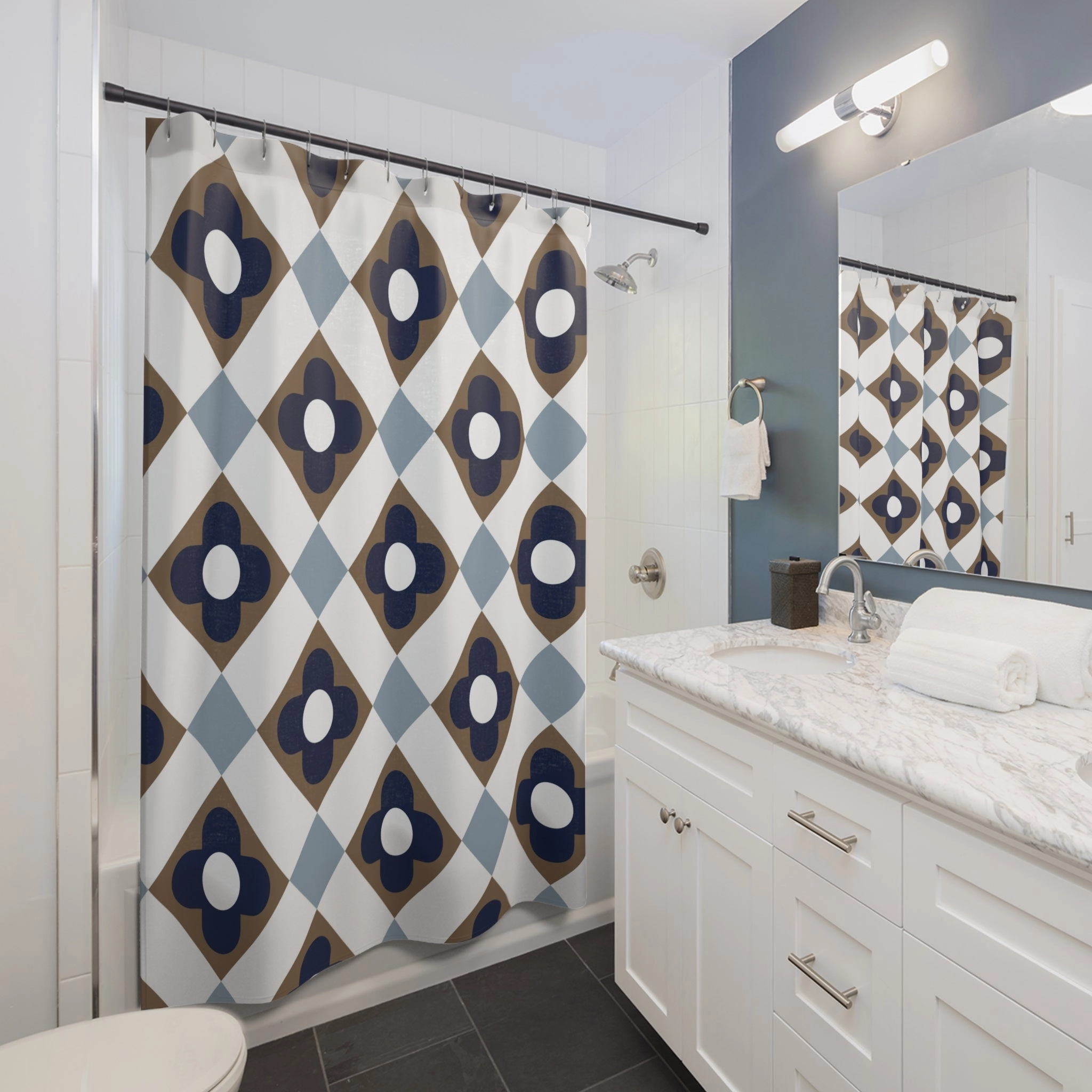 Retro Shower Curtain | Art Deco, Blue White Beige, Geometric