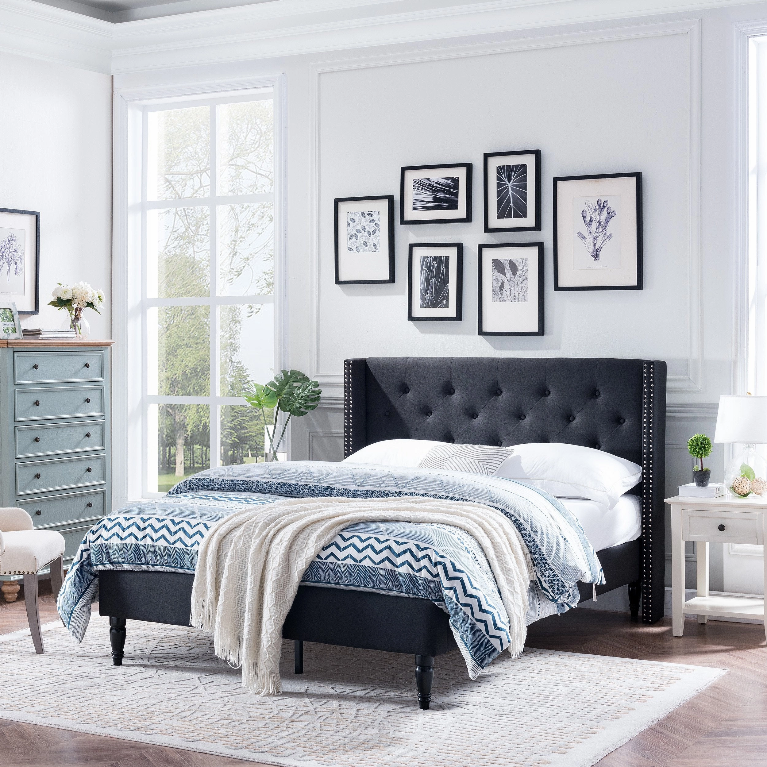 Rhinestone-Tufted Wingback Bed Frame with Nailhead Trim - NH689603