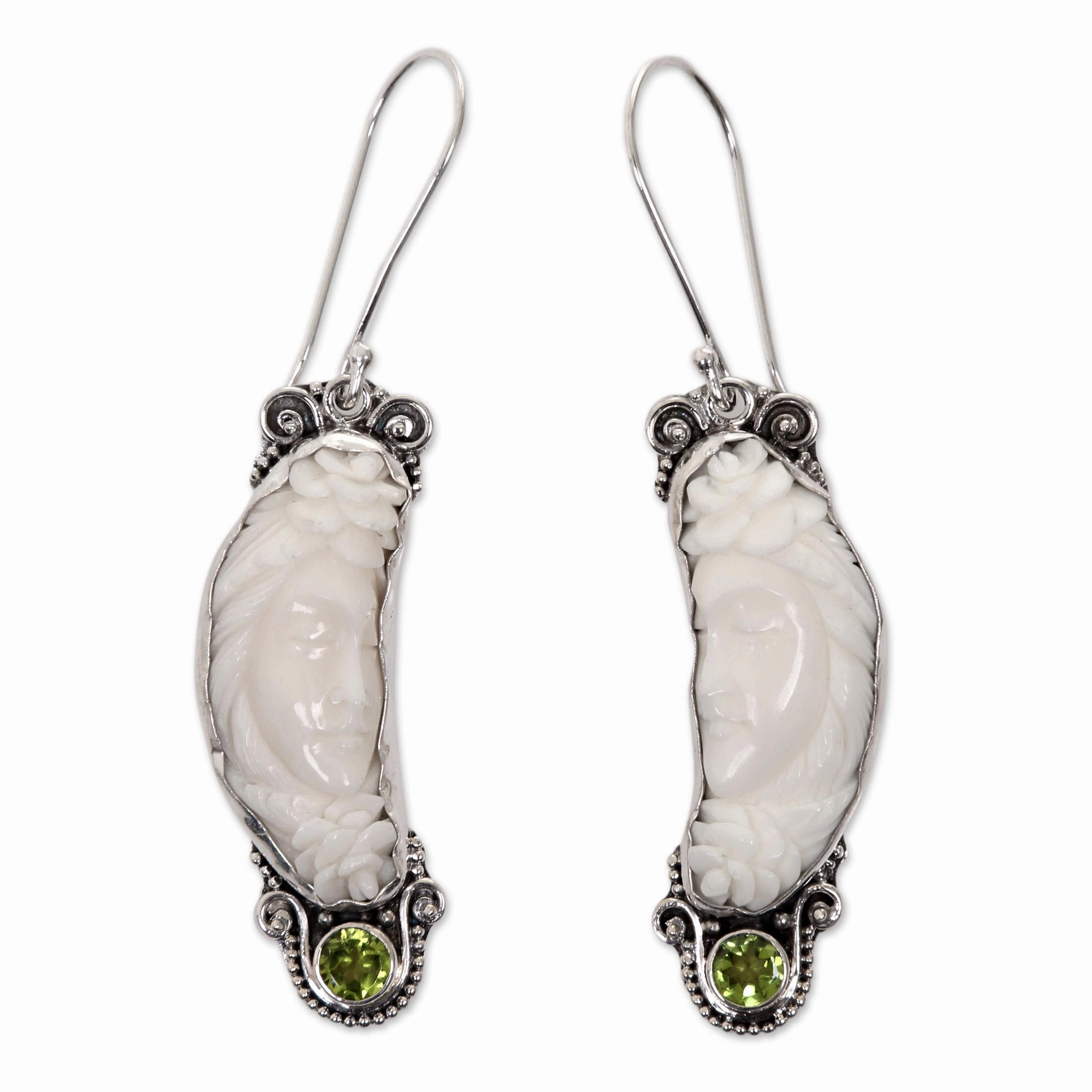 Rose Queen Peridot and Bone Sterling Silver Dangle Earrings