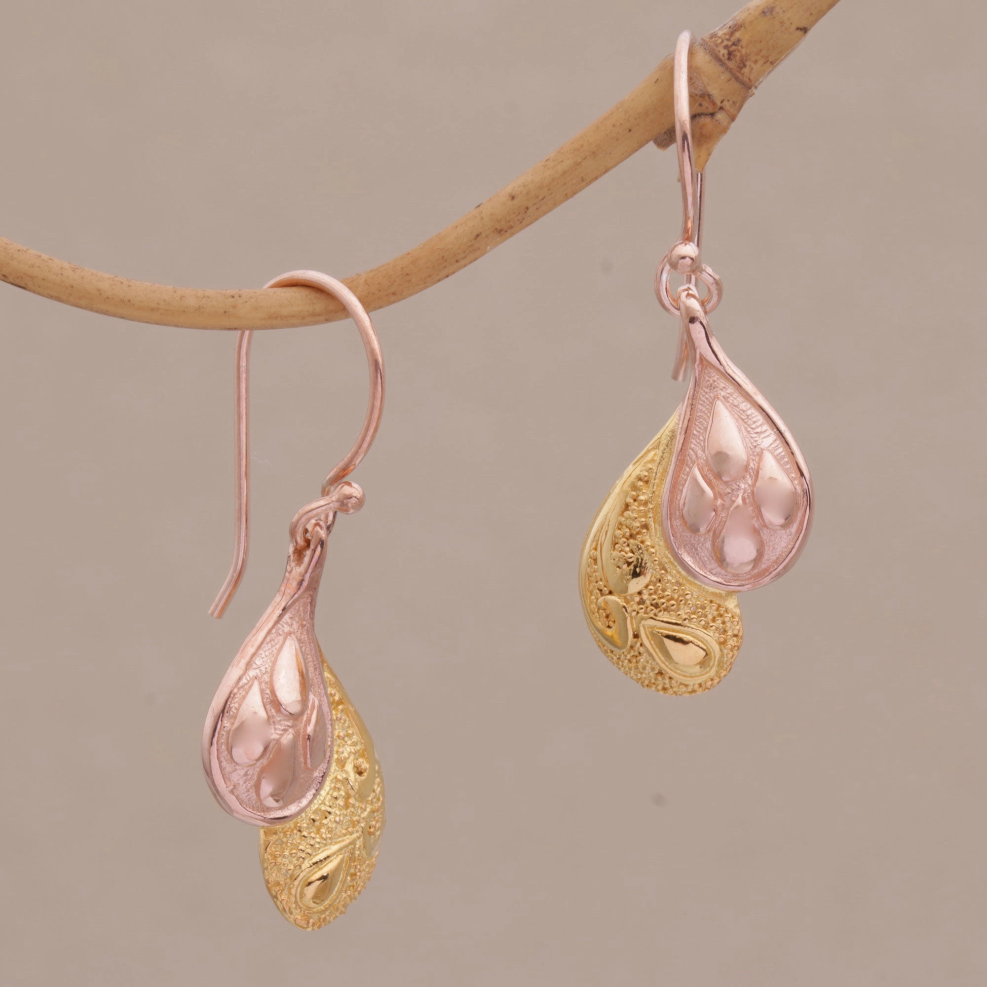 Rosy Paisleys Rose Gold Plated Sterling Silver Dangle Earrings from Bali