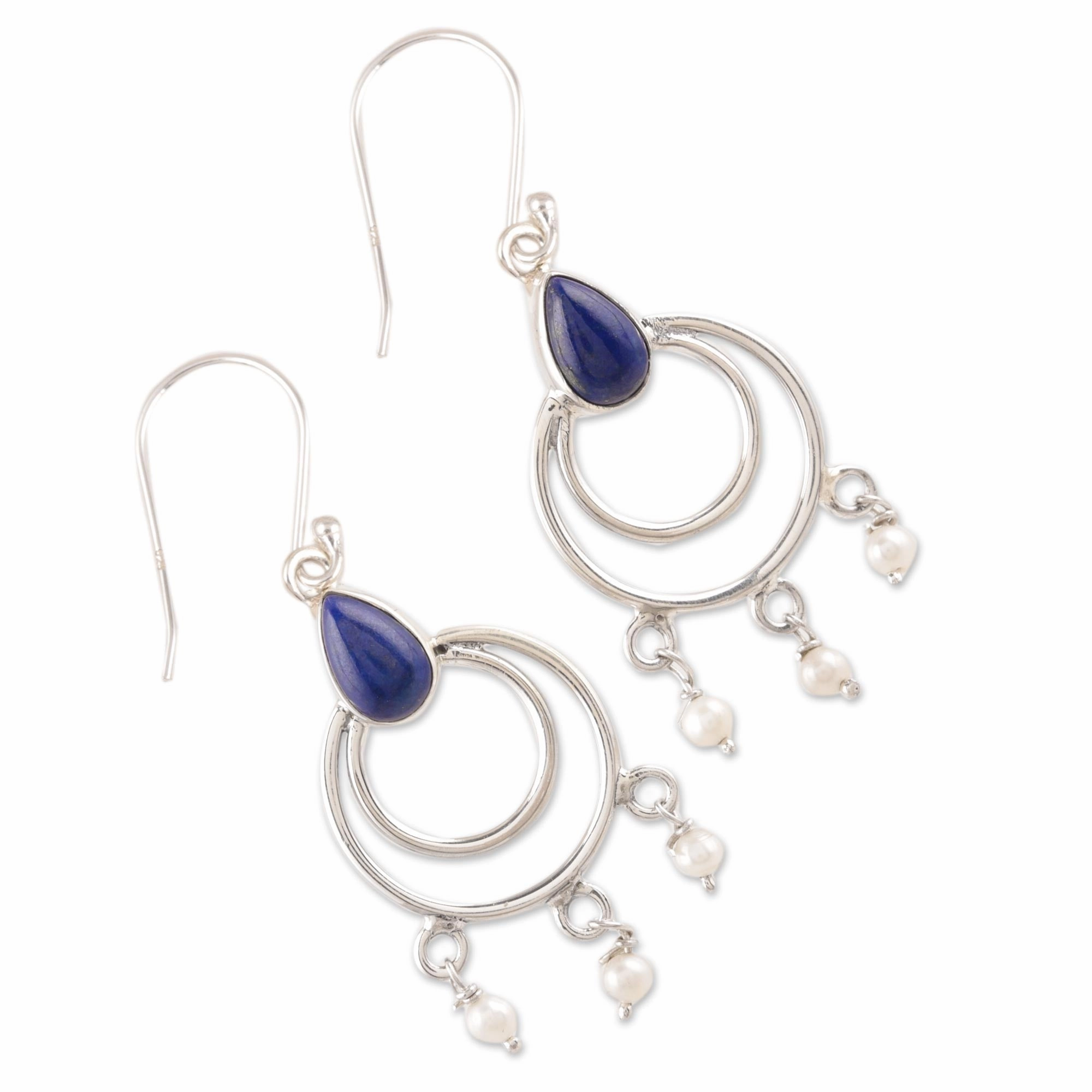 Royal Aesthetic Lapis Lazuli and Cultured Pearl Dangle Earrings from India