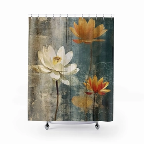 Rustic Vintage Shower Curtain | Navy Beige, Lotus Floral Lighting,Home Lighting