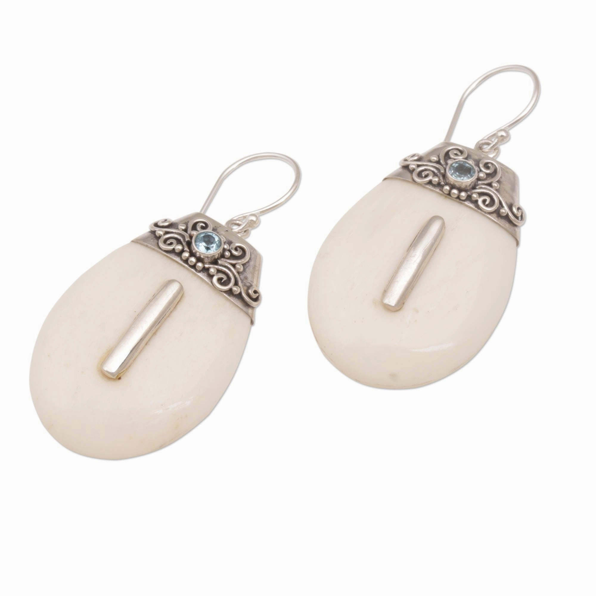 Sacred Pebbles Sterling Silver and Blue Topaz Dangle Earrings with Bone