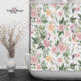 Sage Green and Pink Flamingo Shower Curtains and Optional Bath Mats Lighting,Lamps Fixtures