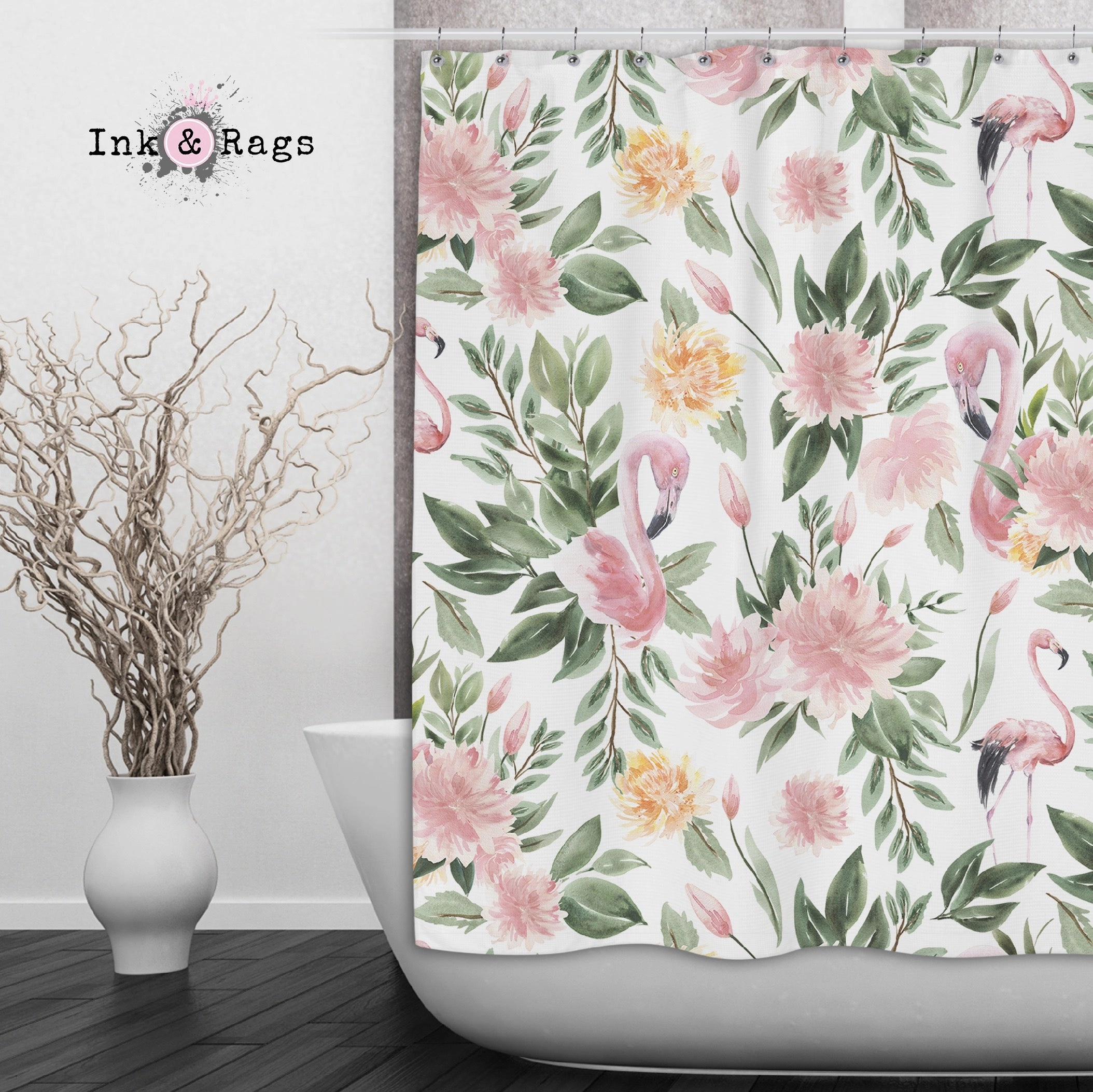 Sage Green and Pink Flamingo Shower Curtains and Optional Bath Mats Lighting,Lamps Fixtures