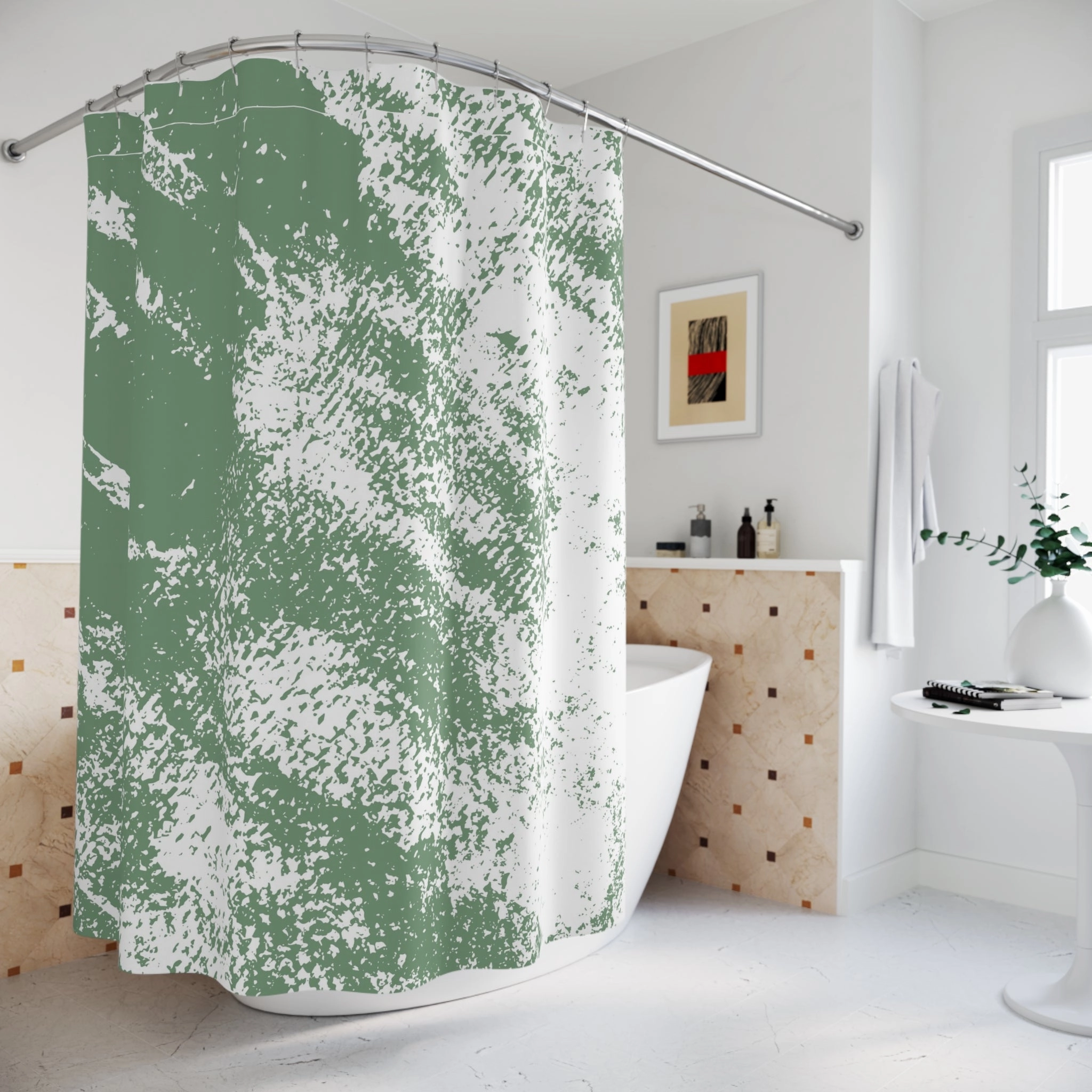 Sage Green White Shower Curtain | Minimalist Fabric Curtain