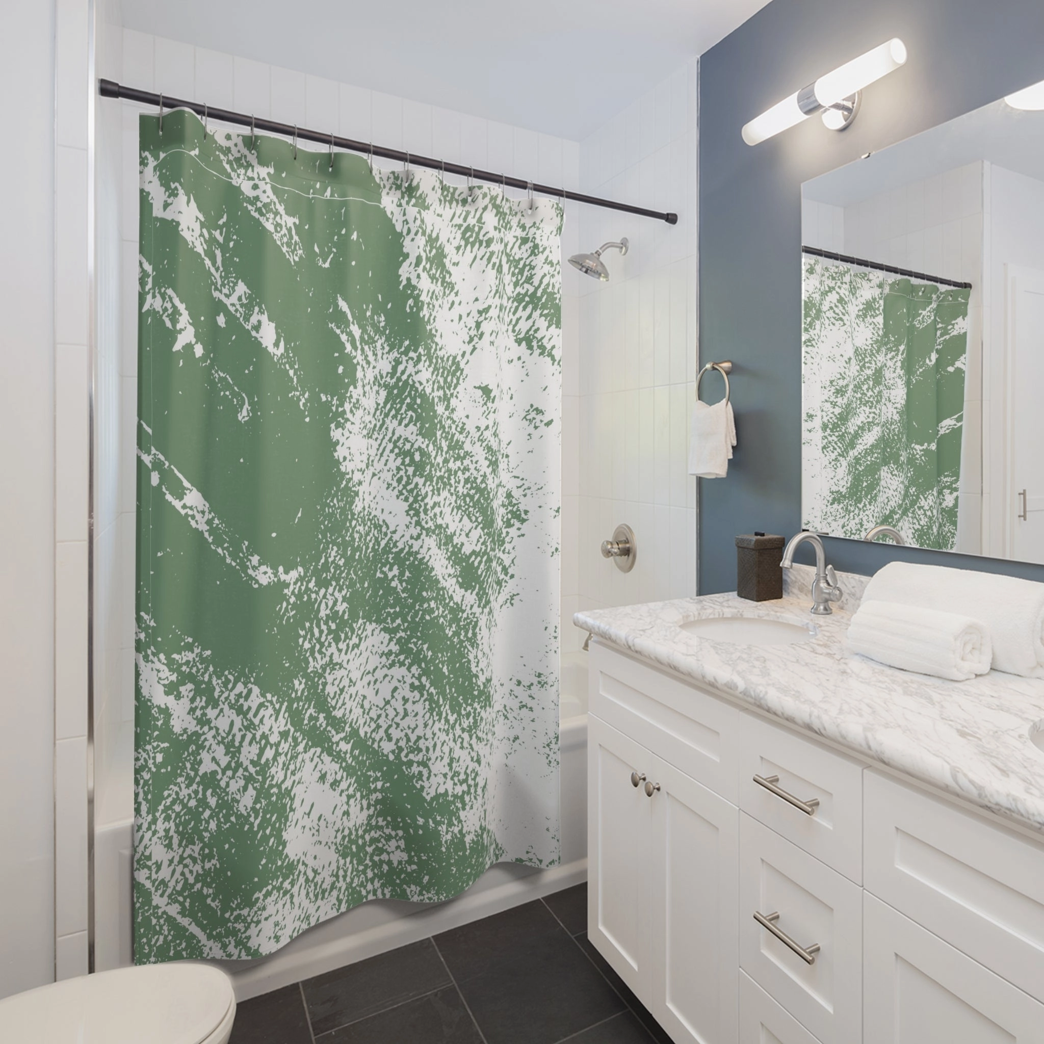 Sage Green White Shower Curtain | Minimalist Fabric Curtain
