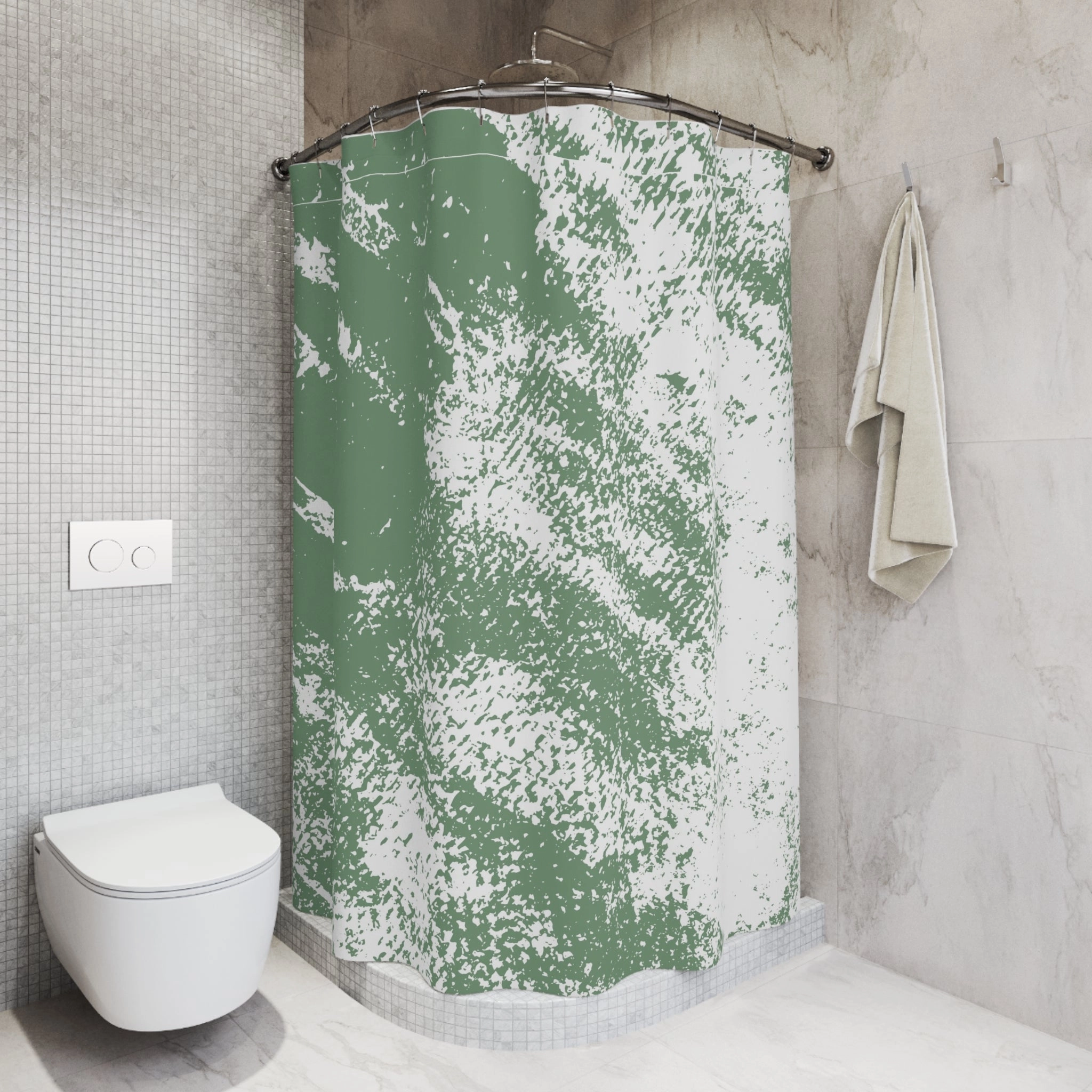Sage Green White Shower Curtain | Minimalist Fabric Curtain