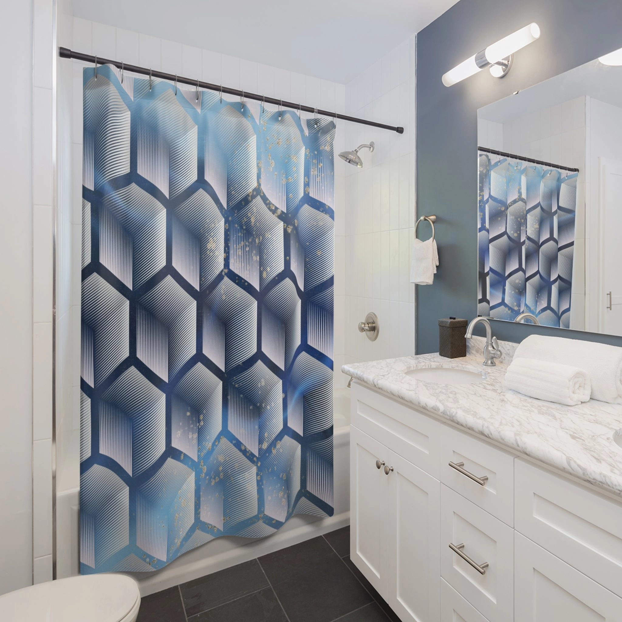 Sapphire Blue White Shower Curtain | Geometric Hexagons