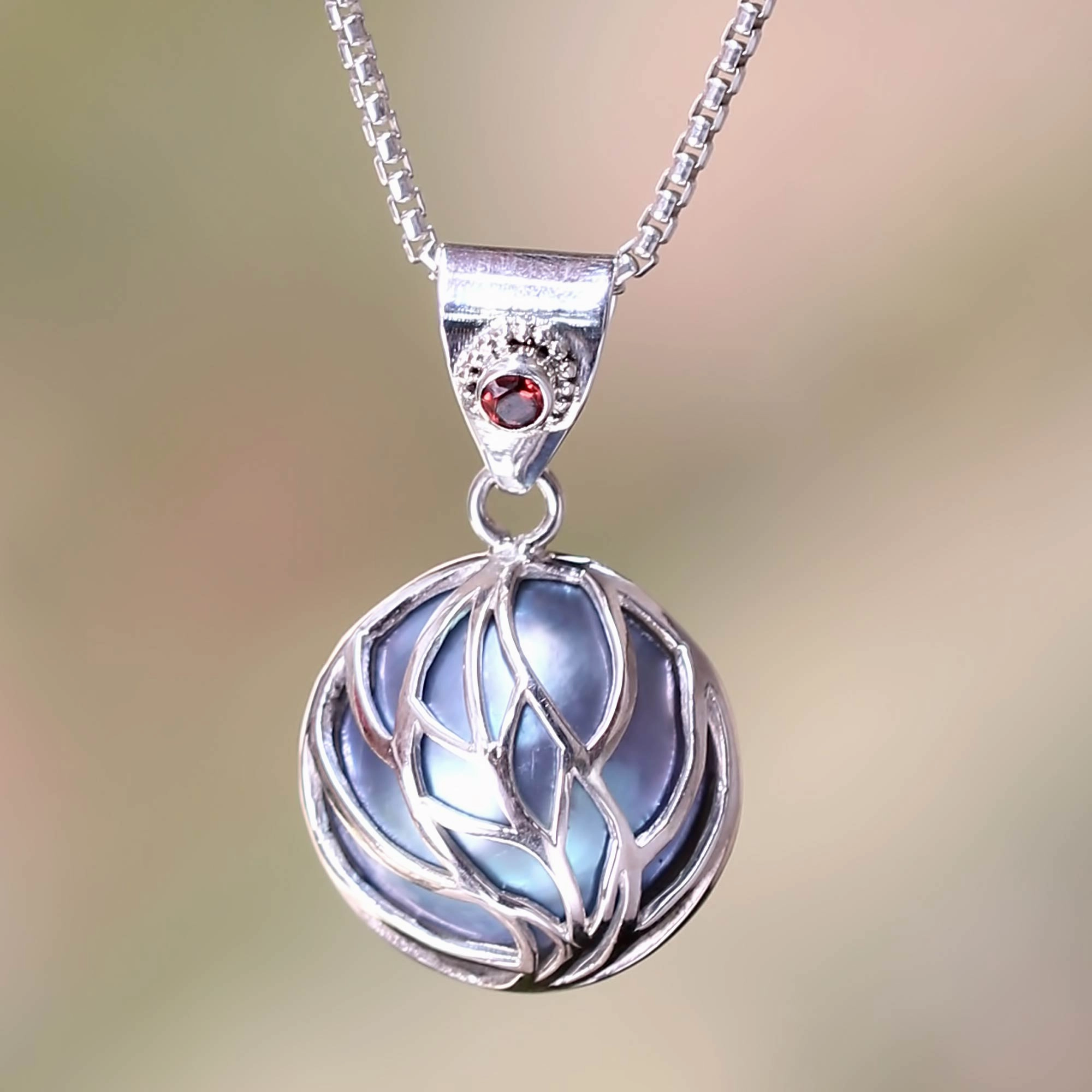 Secret World Blue Mabe Pearl Garnet and Silver Handcrafted Necklace
