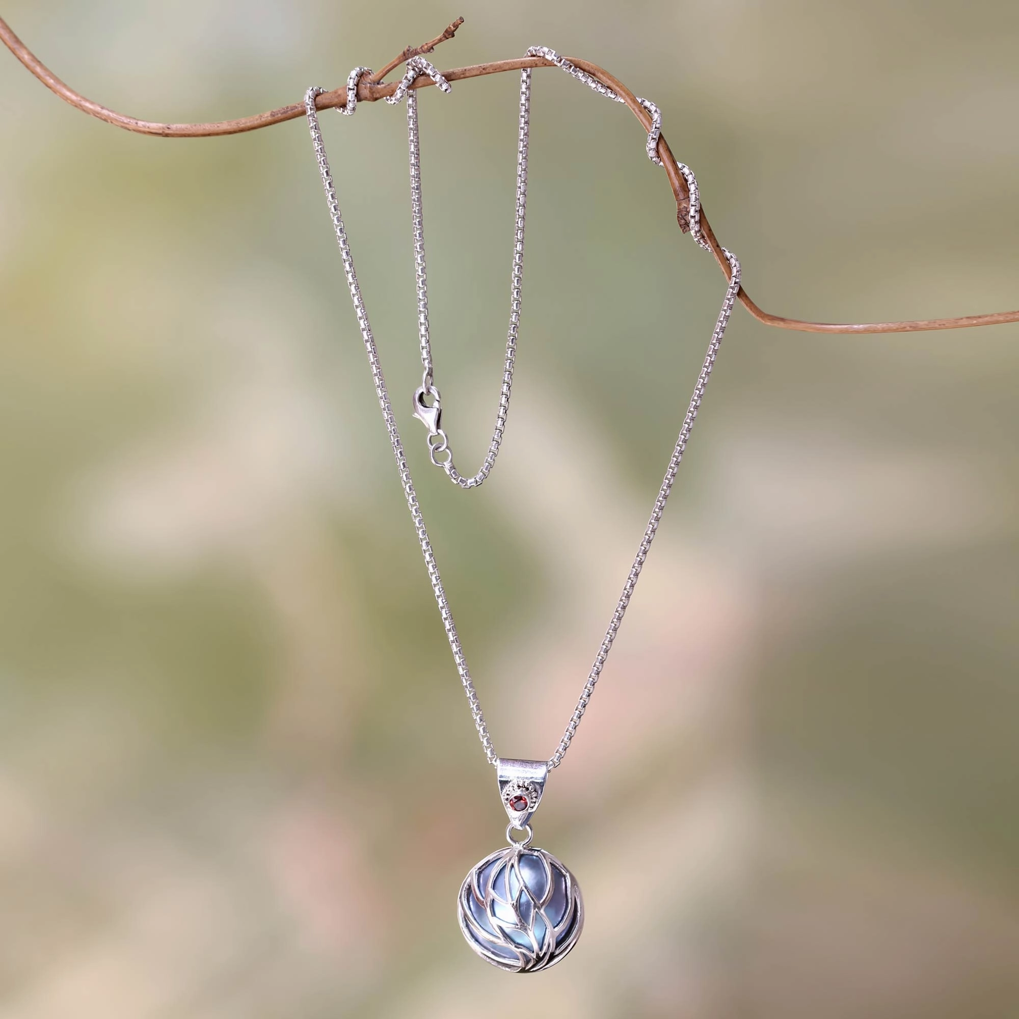 Secret World Blue Mabe Pearl Garnet and Silver Handcrafted Necklace