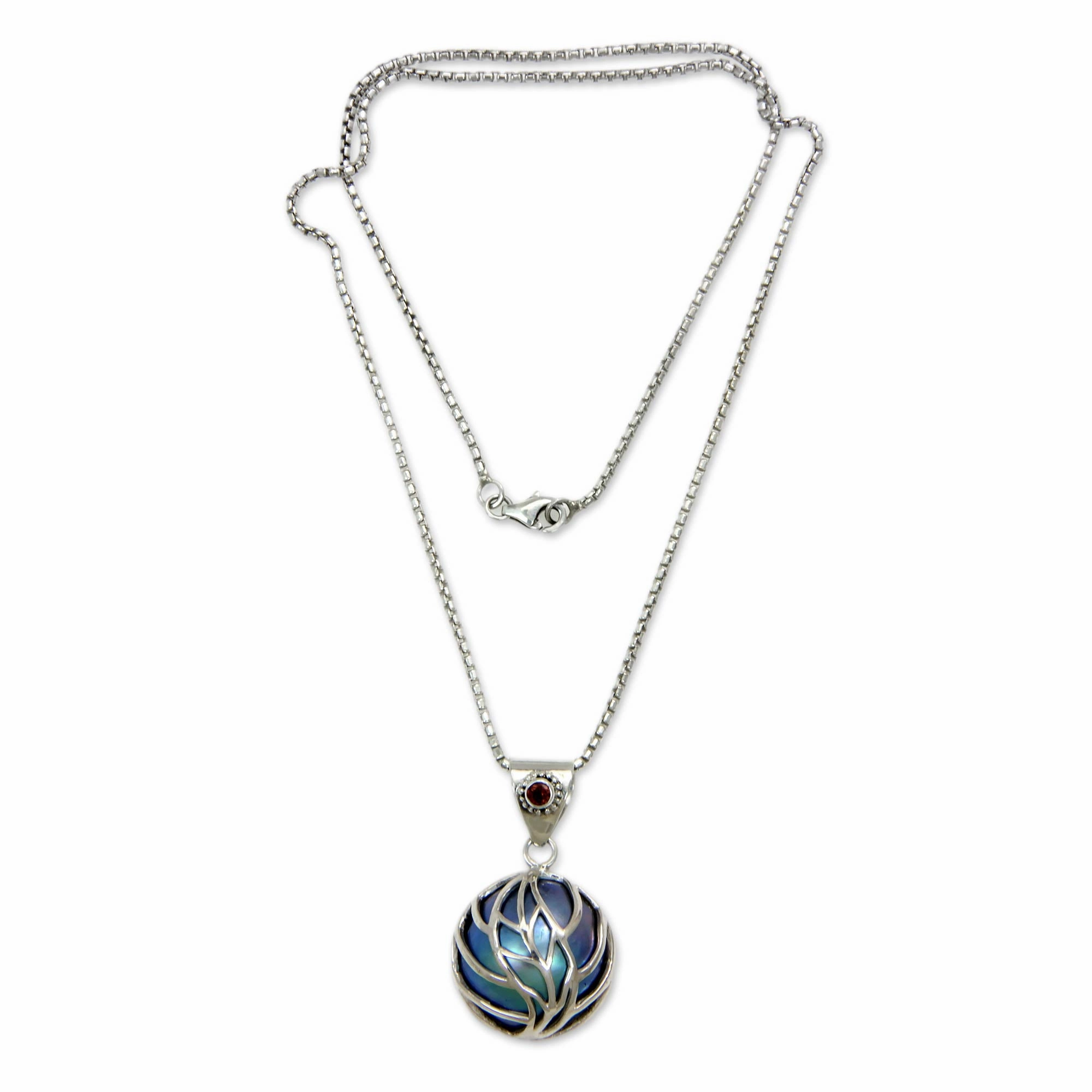 Secret World Blue Mabe Pearl Garnet and Silver Handcrafted Necklace