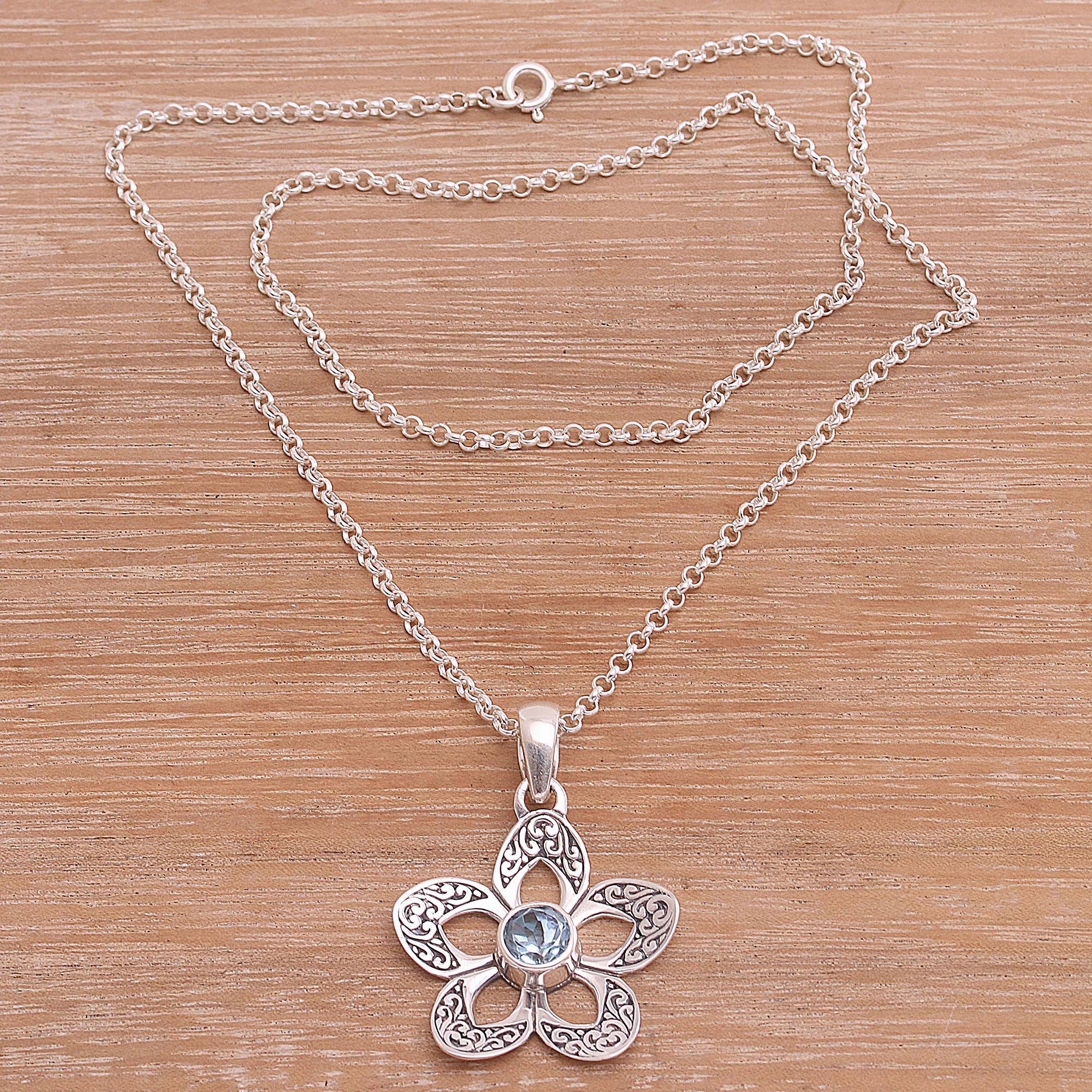 Sekar Langit Floral Blue Topaz Pendant Necklace Crafted in Bali